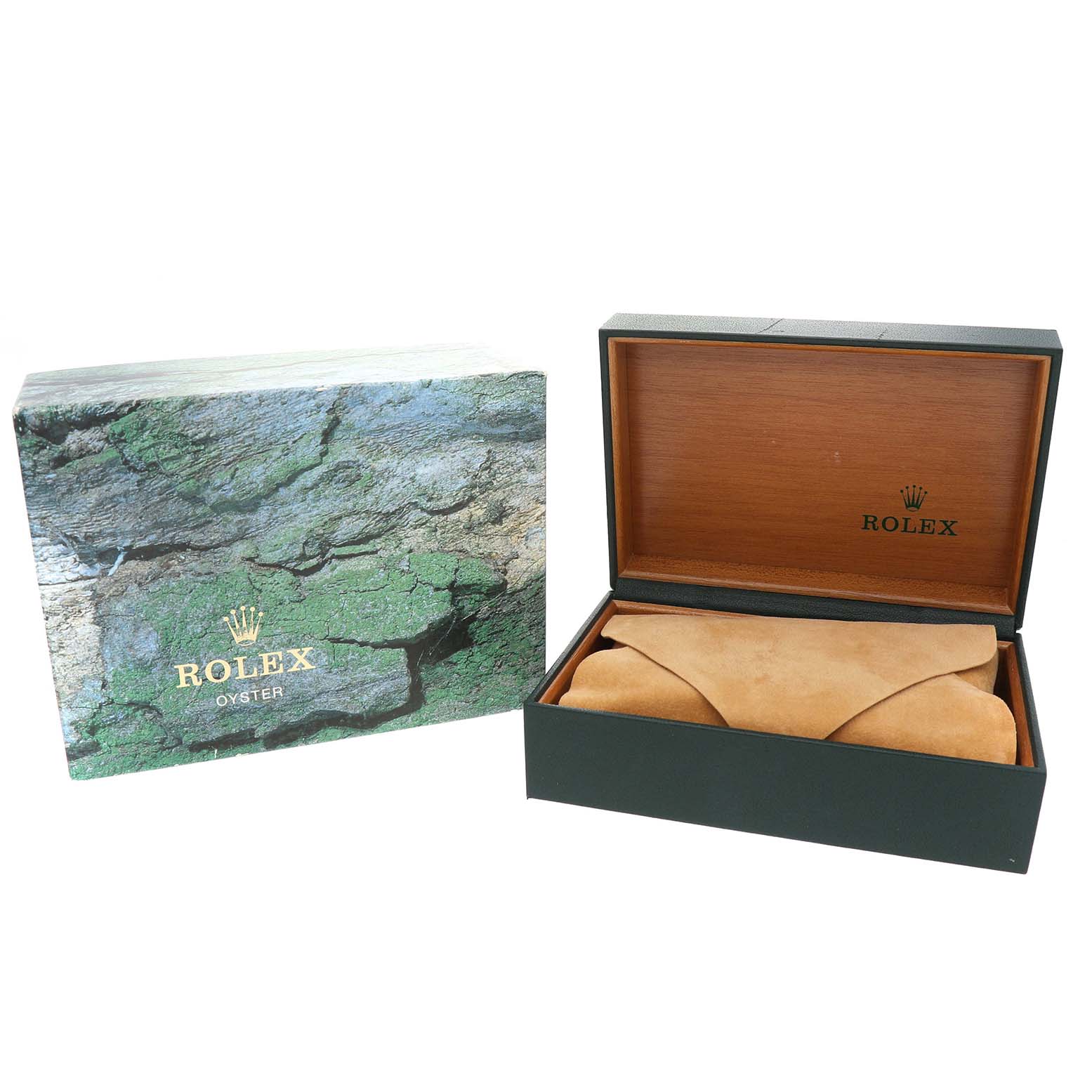 The image shows the packaging and box for a Rolex Air-King 14010 Men's Stainless Steel Blue Dial, including an outer box and an inner case with a suede cover.