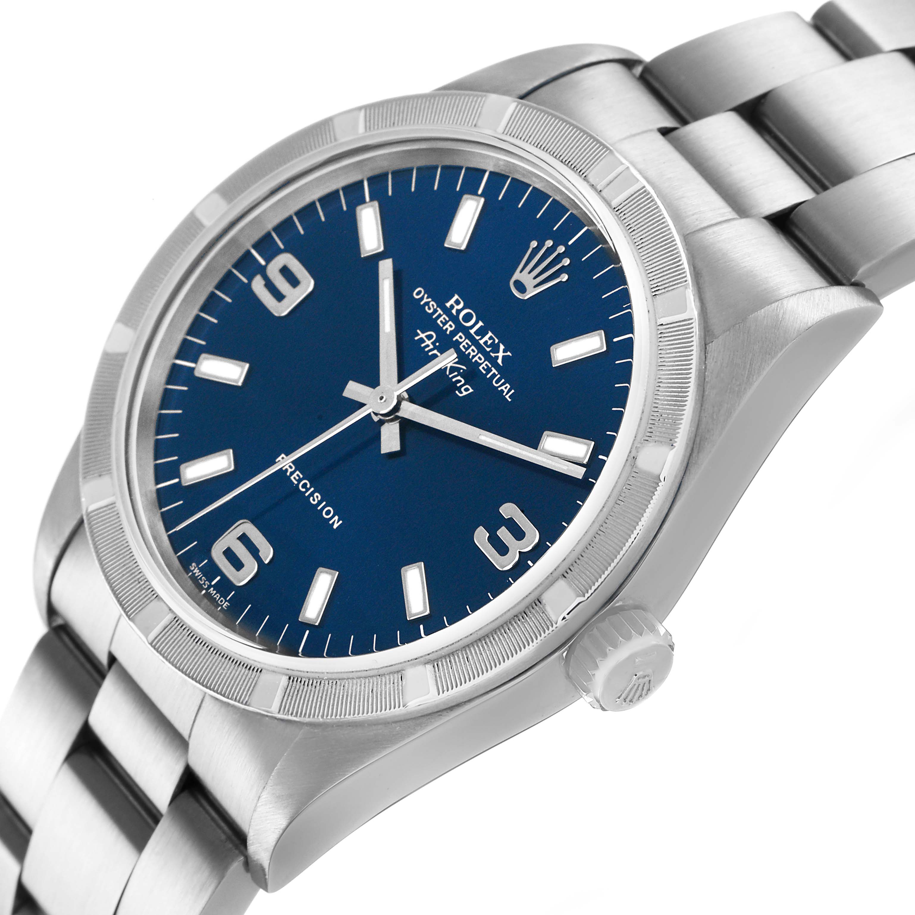 The Rolex Air-King 14010 Men's Stainless Steel Blue Dial watch is shown at an angled close-up, highlighting the blue dial, case, crown, and stainless steel bracelet.
