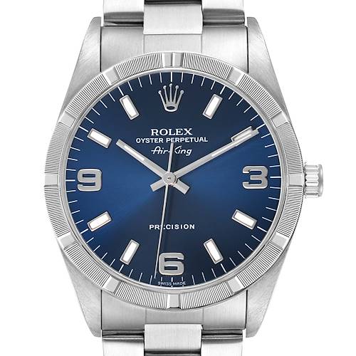 The Rolex Air-King 14010 Men's Stainless Steel Blue Dial watch is shown from the front, highlighting the dial, hands, bezel, and part of the bracelet.
