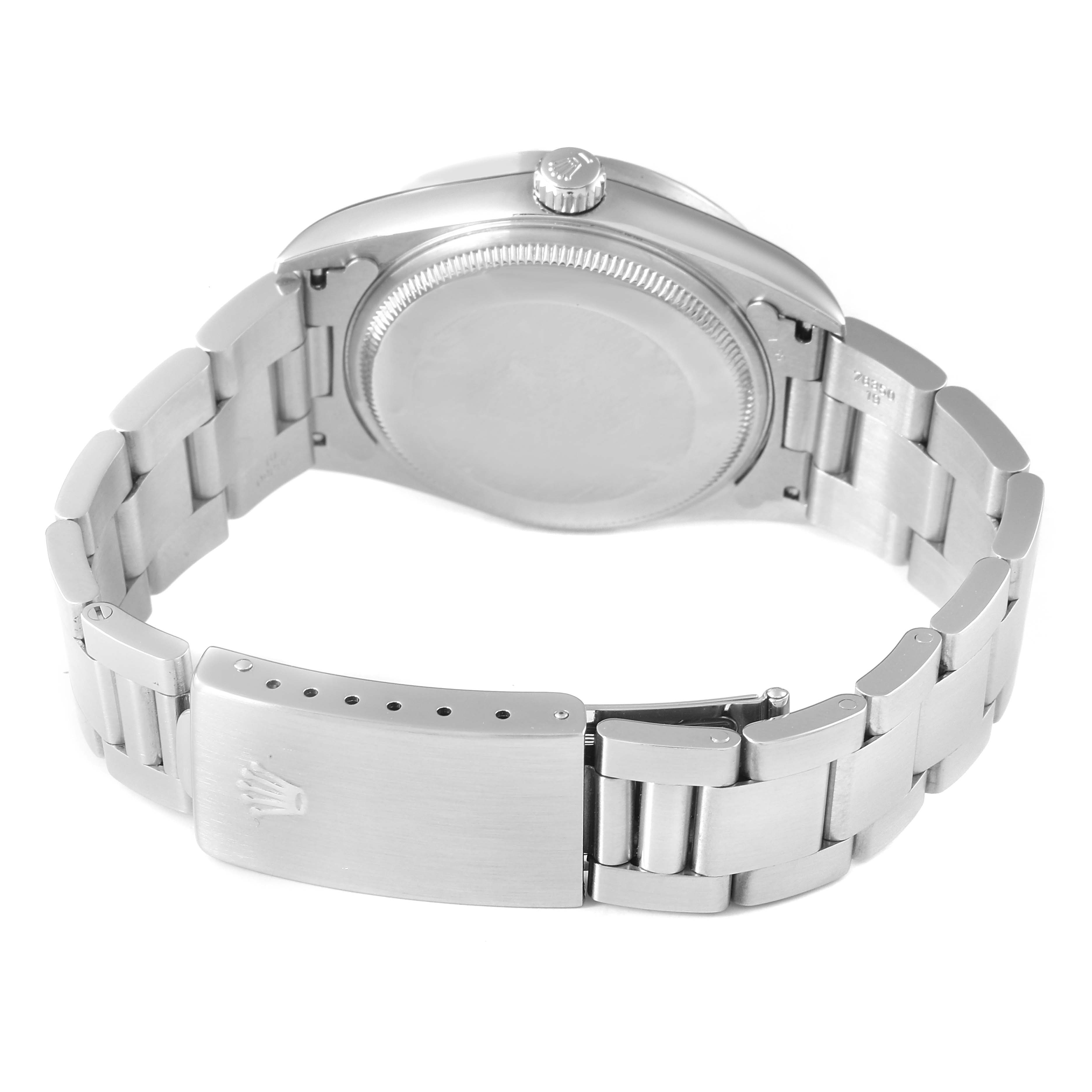 The image shows the back and side view of the Rolex Air-King 14010 Men's Stainless Steel Blue Dial, highlighting the bracelet and clasp.