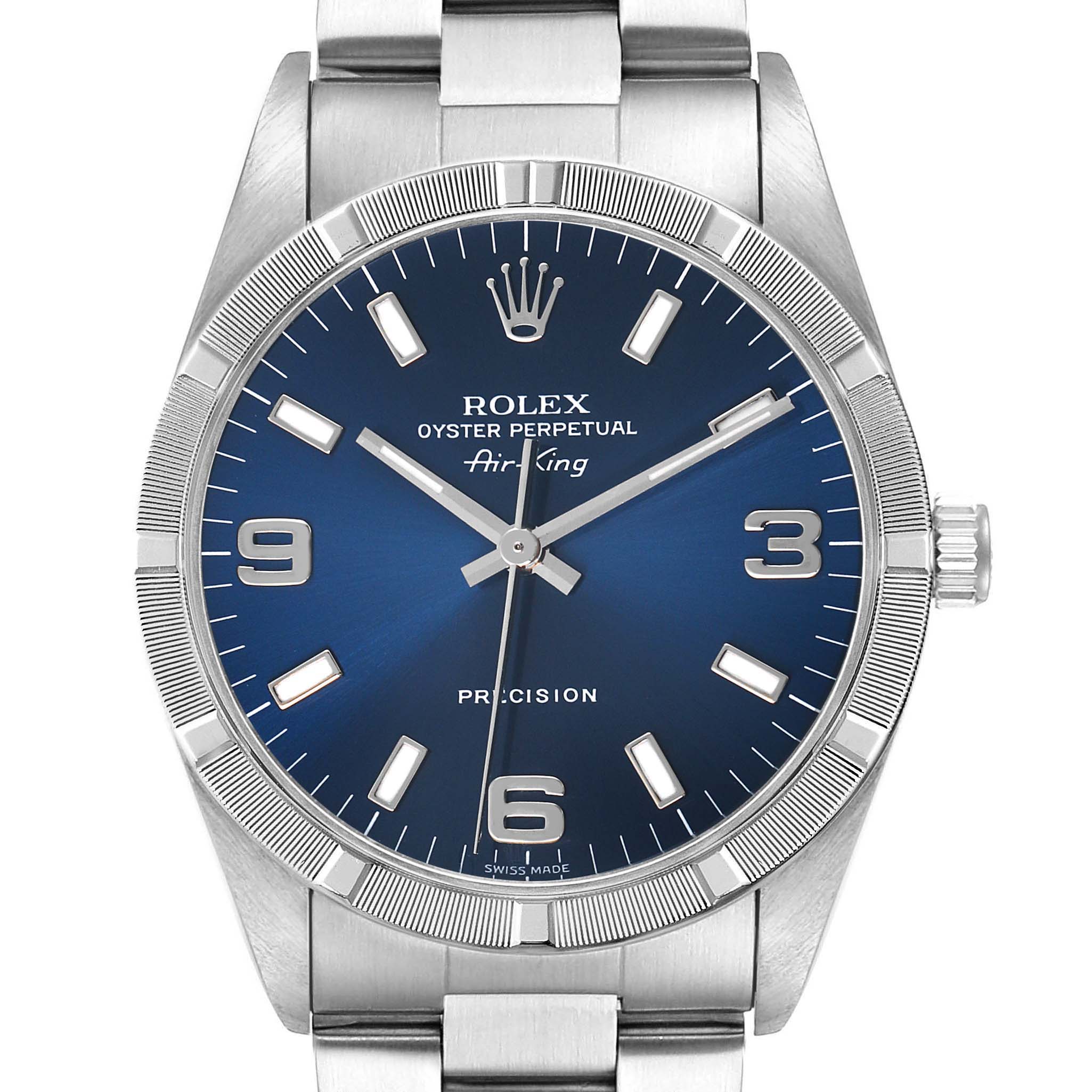The Rolex Air-King 14010 Men's Stainless Steel Blue Dial is shown from the front, displaying the dial, hands, bezel, crown, and part of the bracelet.