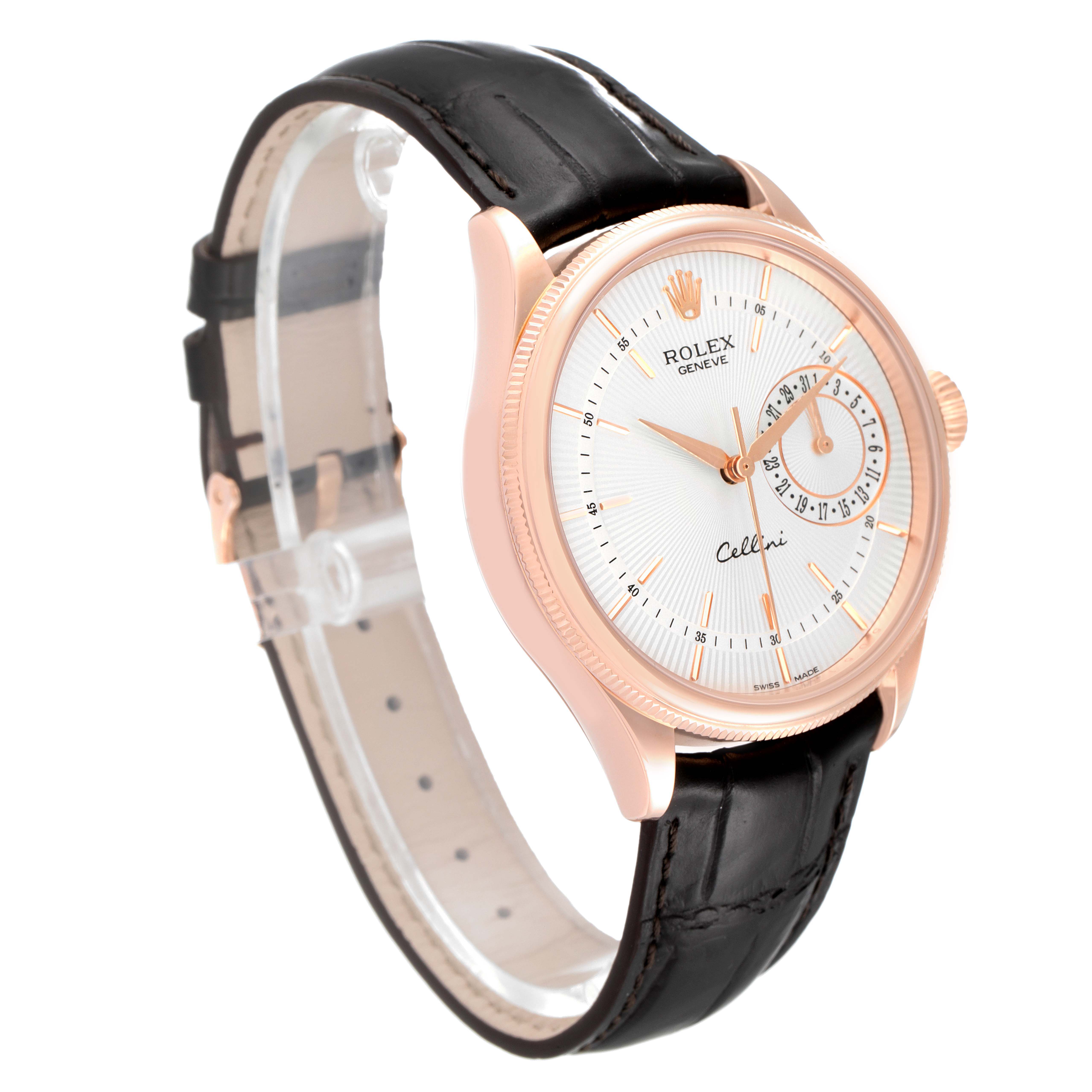 The image shows a Rolex Cellini 50515 Men's Rose Gold Silver Dial 50515 Men's Rose Gold Silver Dial watch at an angle displaying the face, crown, and leather strap.