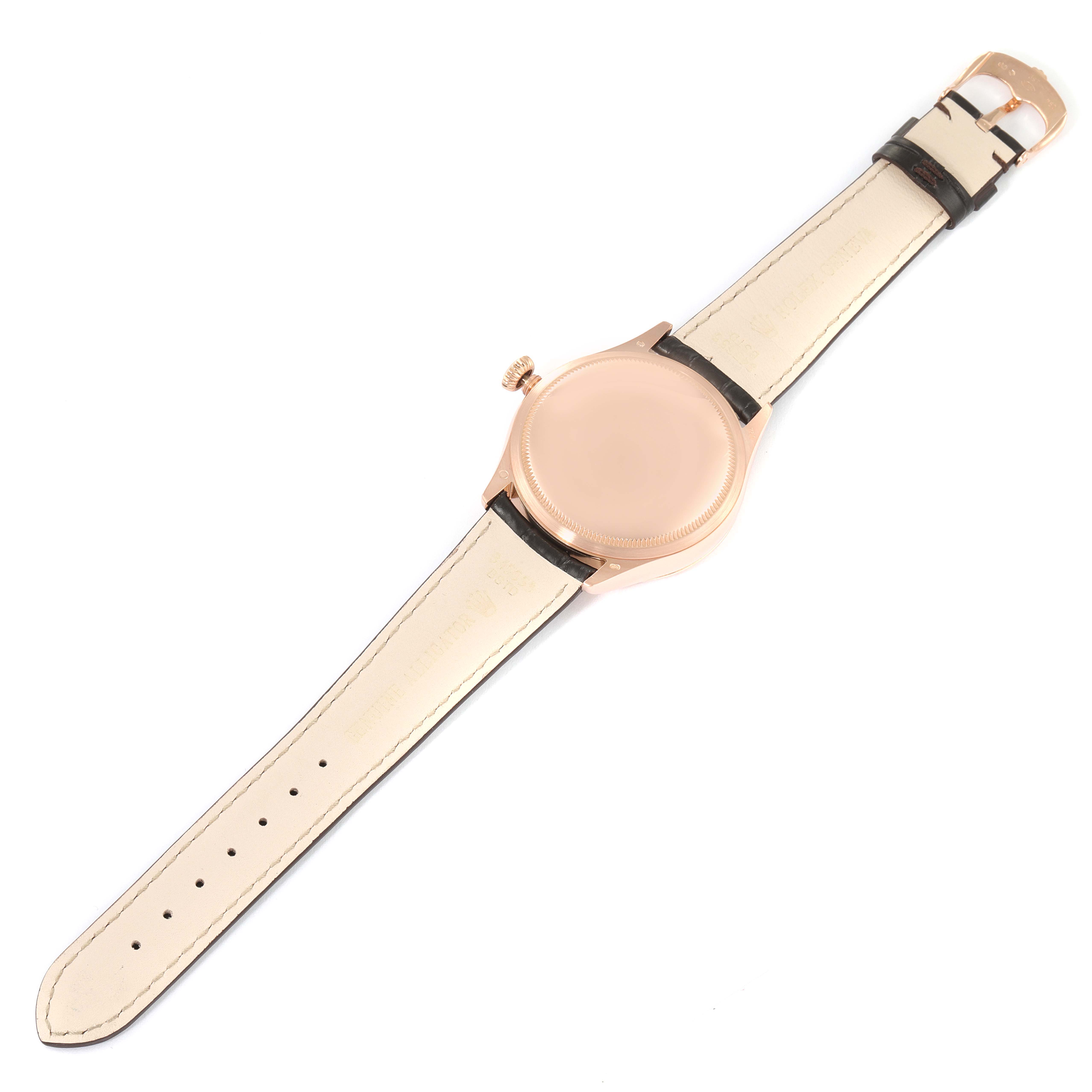 The image shows a top-down view of a Rolex Cellini 50515 Men's Rose Gold Silver Dial 50515 Men's Rose Gold Silver Dial watch, displaying the back of the watch case and the entirety of the strap.