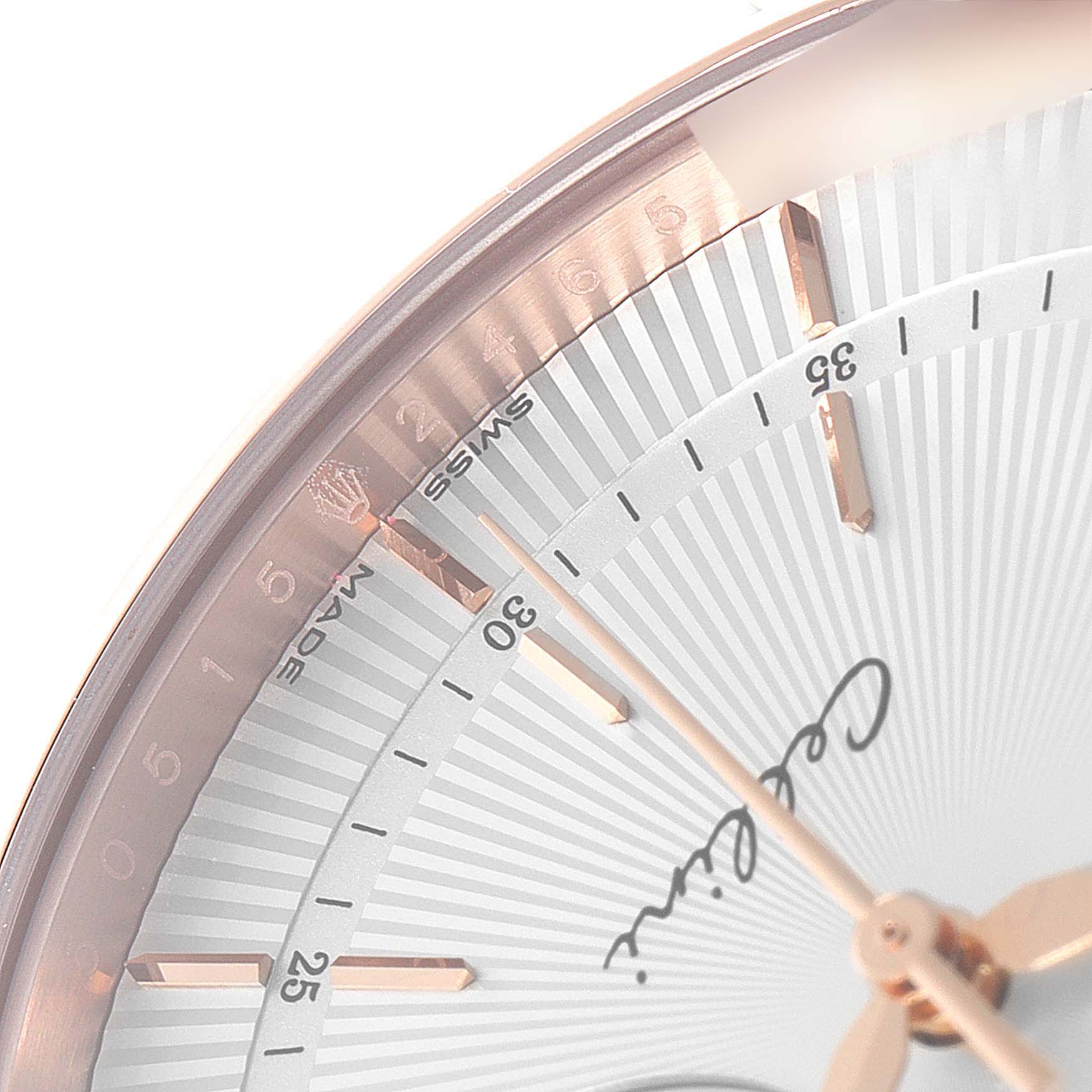 The close-up image of the Rolex Cellini 50515 Men's Rose Gold Silver Dial 50515 Men's Rose Gold Silver Dial watch shows a partial view of the dial, hour markers, hands, and the "Cellini" inscription.
