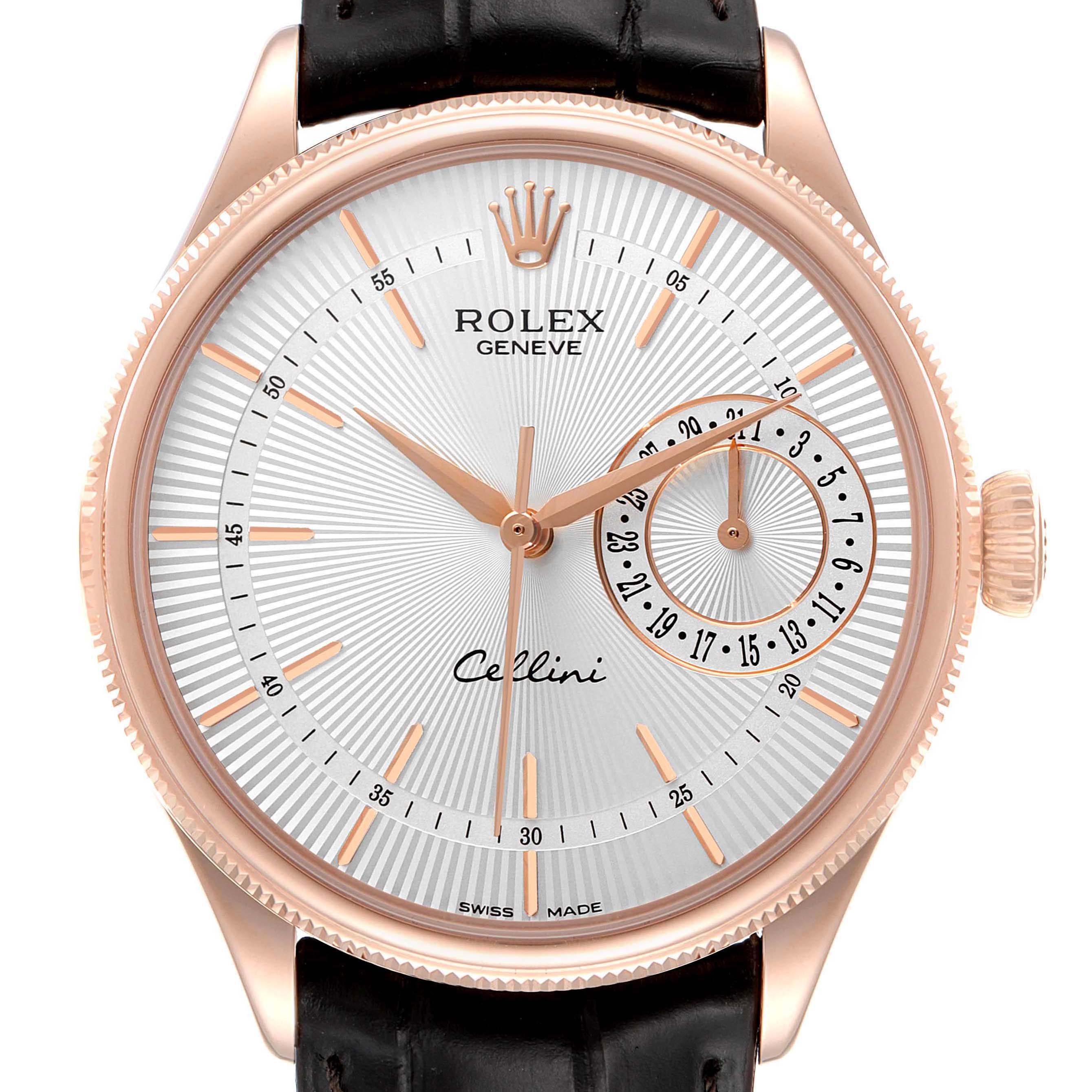 The image shows a Rolex Cellini 50515 Men's Rose Gold Silver Dial 50515 Men's Rose Gold Silver Dial watch from a front angle, highlighting its dial, rose gold case, hands, crown, and black strap.