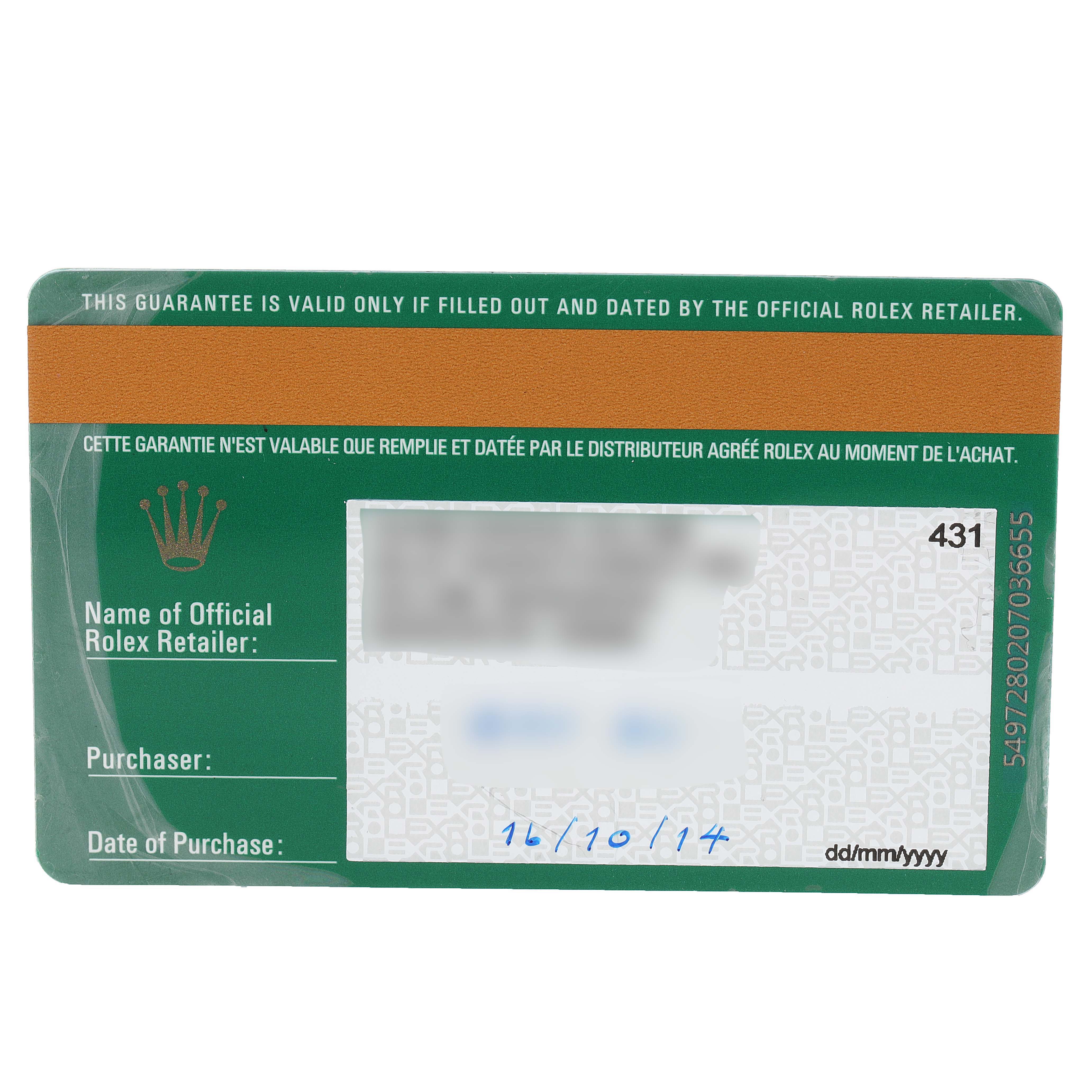 This image shows a warranty card for a Rolex Cellini 50515 Men's Rose Gold Silver Dial 50515 Men's Rose Gold Silver Dial watch, detailing the retailer's name, purchaser, and date of purchase.