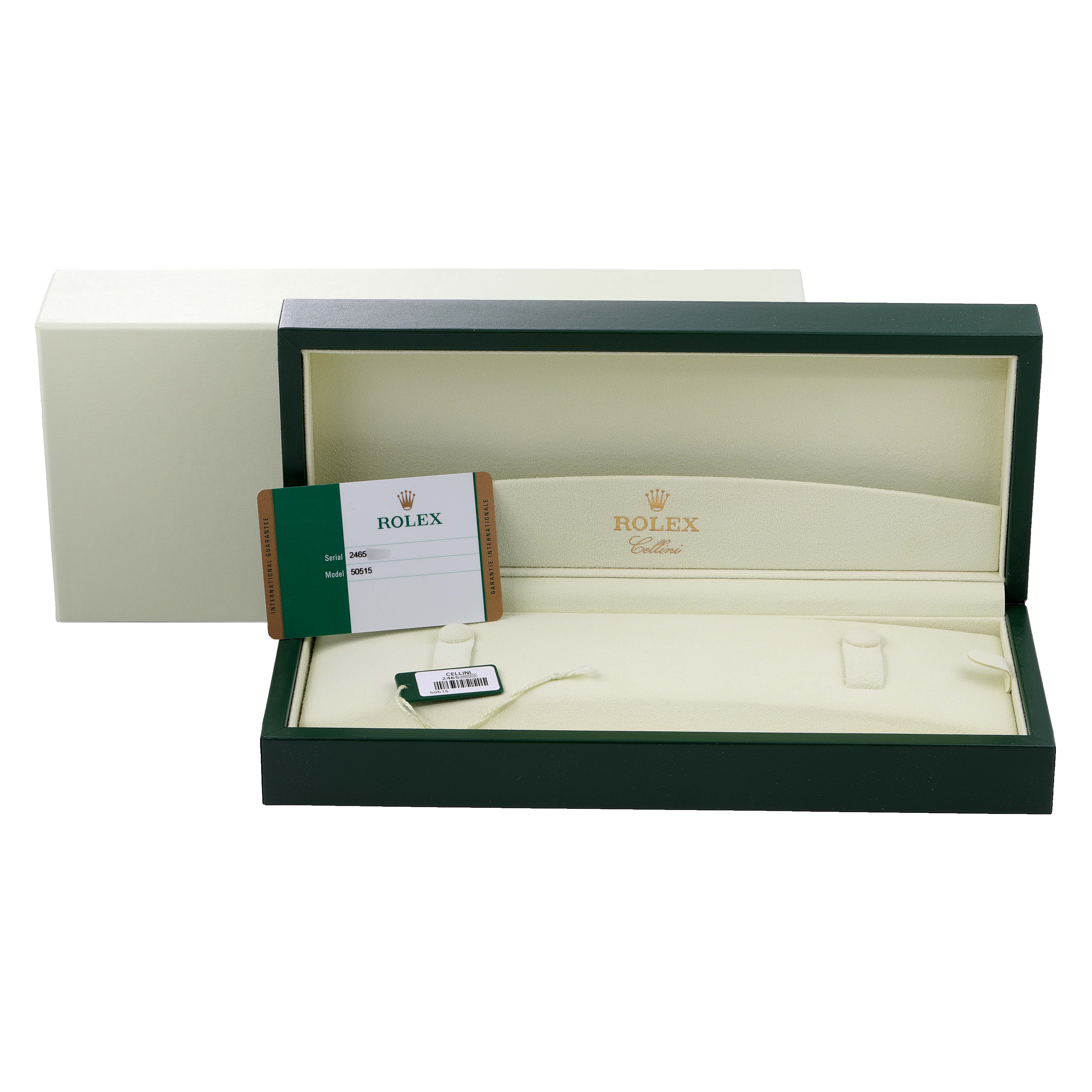 The image shows a Rolex Cellini 50515 Men's Rose Gold Silver Dial 50515 Men's Rose Gold Silver Dial watch box, open with an authenticity card and a tag inside.