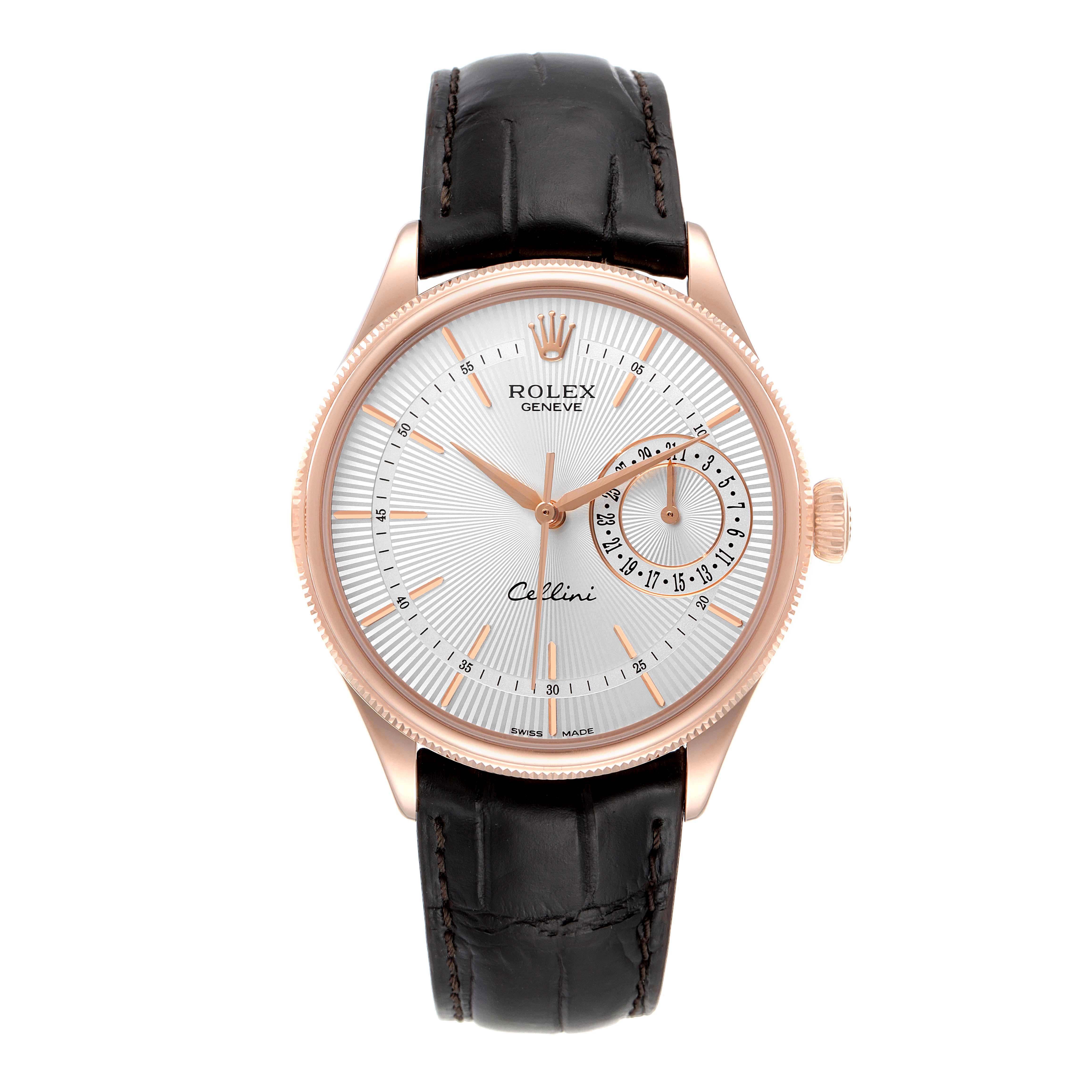 The image shows a Rolex Cellini 50515 Men's Rose Gold Silver Dial 50515 Men's Rose Gold Silver Dial model watch, front view, depicting the dial, hour markers, hands, crown, and leather strap.