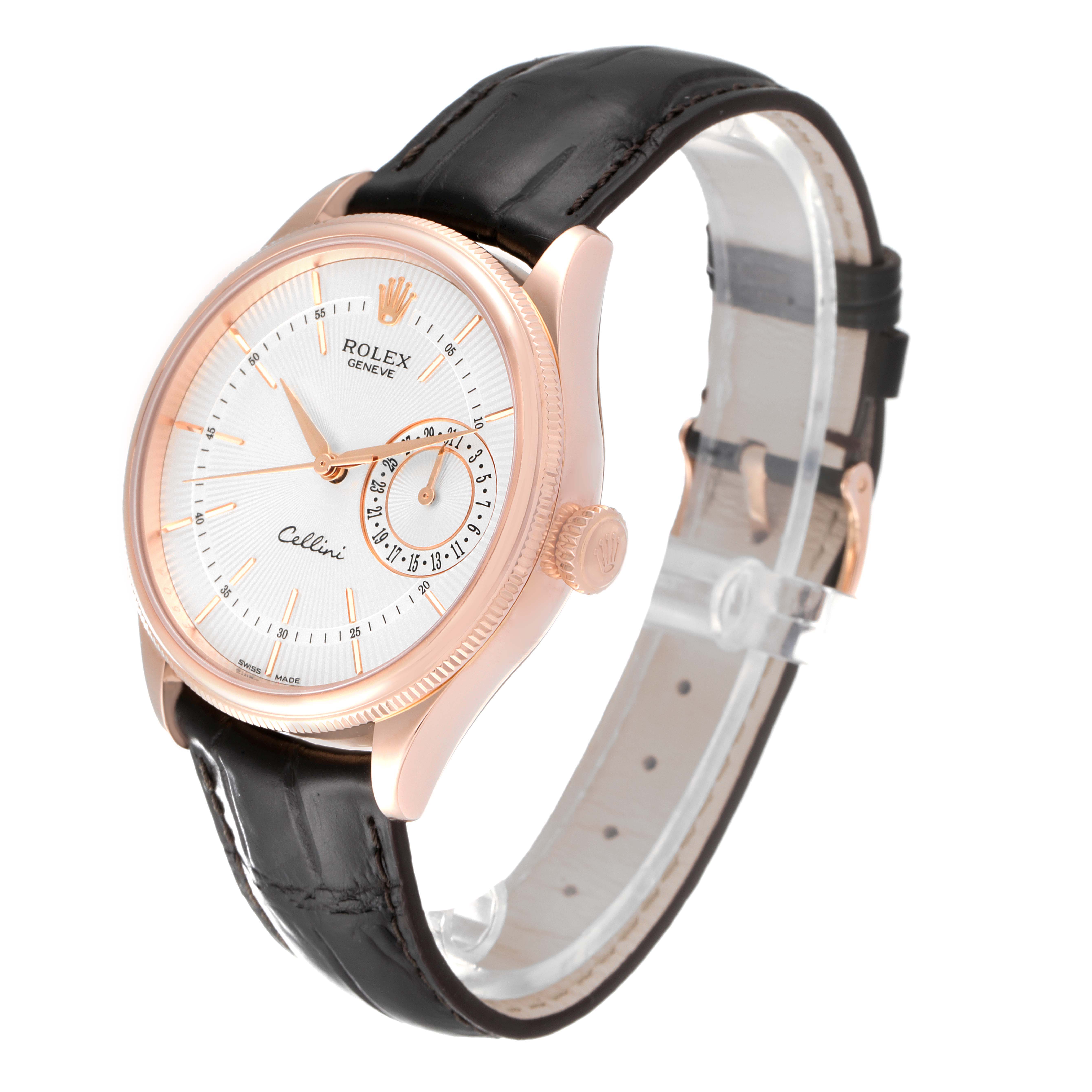 The Rolex Cellini 50515 Men's Rose Gold Silver Dial 50515 Men's Rose Gold Silver Dial watch is shown at a three-quarter angle, displaying the face, case, crown, and leather strap.