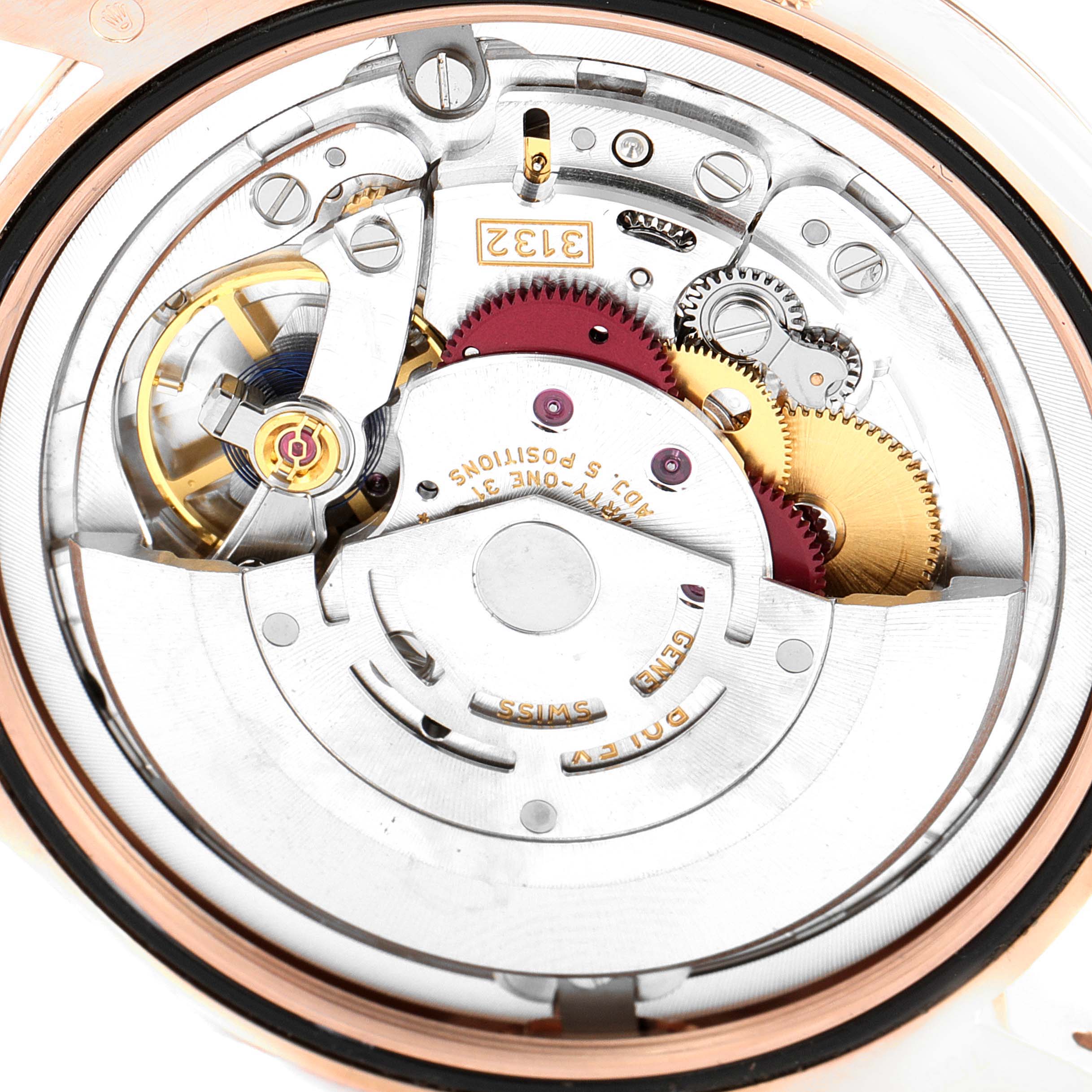 This image shows a close-up view of the internal mechanism of a Rolex Cellini 50505 Men's Rose Gold White Dial 50505 Men's Rose Gold White Dial watch.