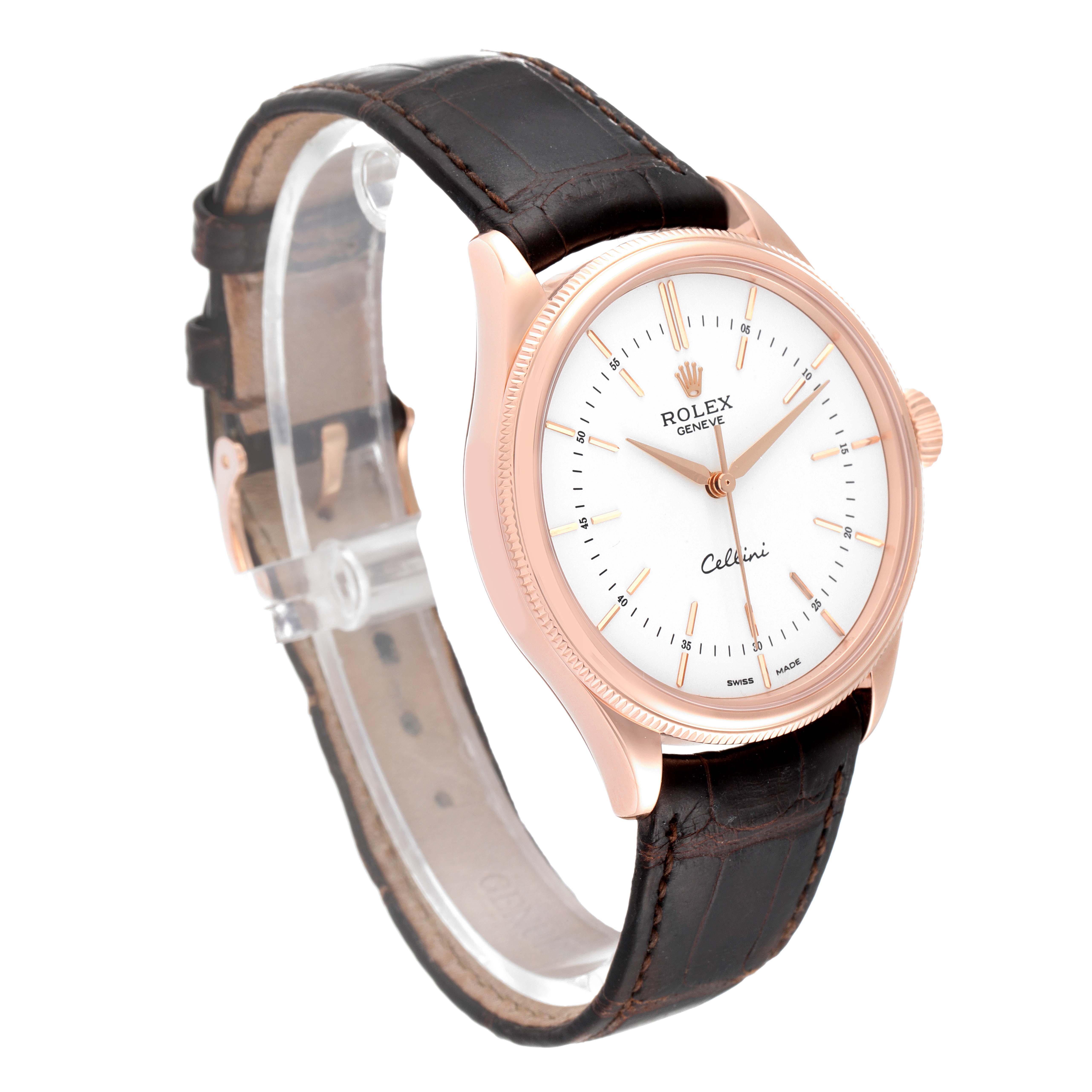 The image shows a Rolex Cellini 50505 Men's Rose Gold White Dial 50505 Men's Rose Gold White Dial watch angled to display the face, bezel, and leather strap.