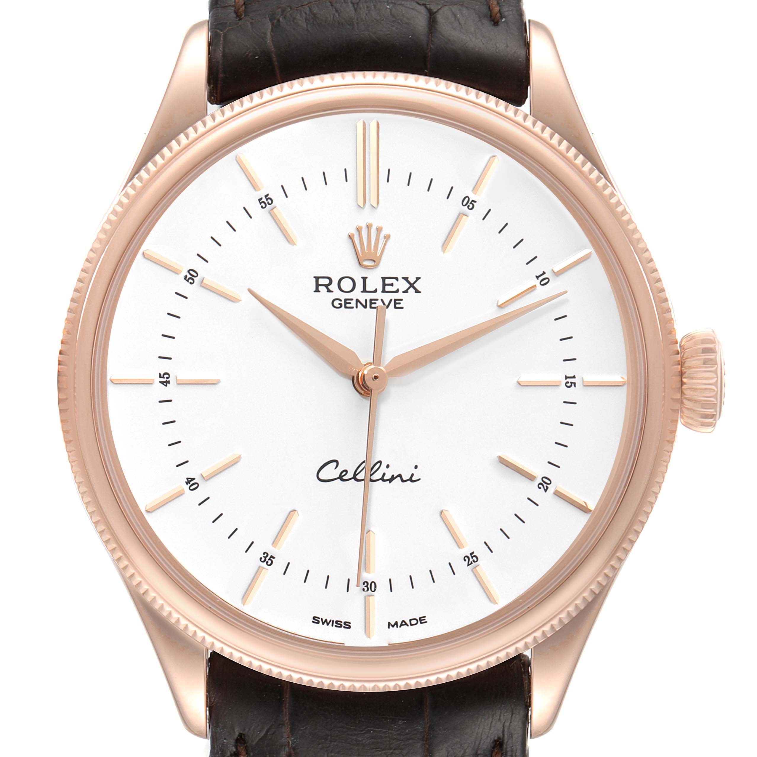 The image shows a Rolex Cellini 50505 Men's Rose Gold White Dial 50505 Men's Rose Gold White Dial watch face at a straight-on angle, displaying its crown, dial, hands, and part of the strap.