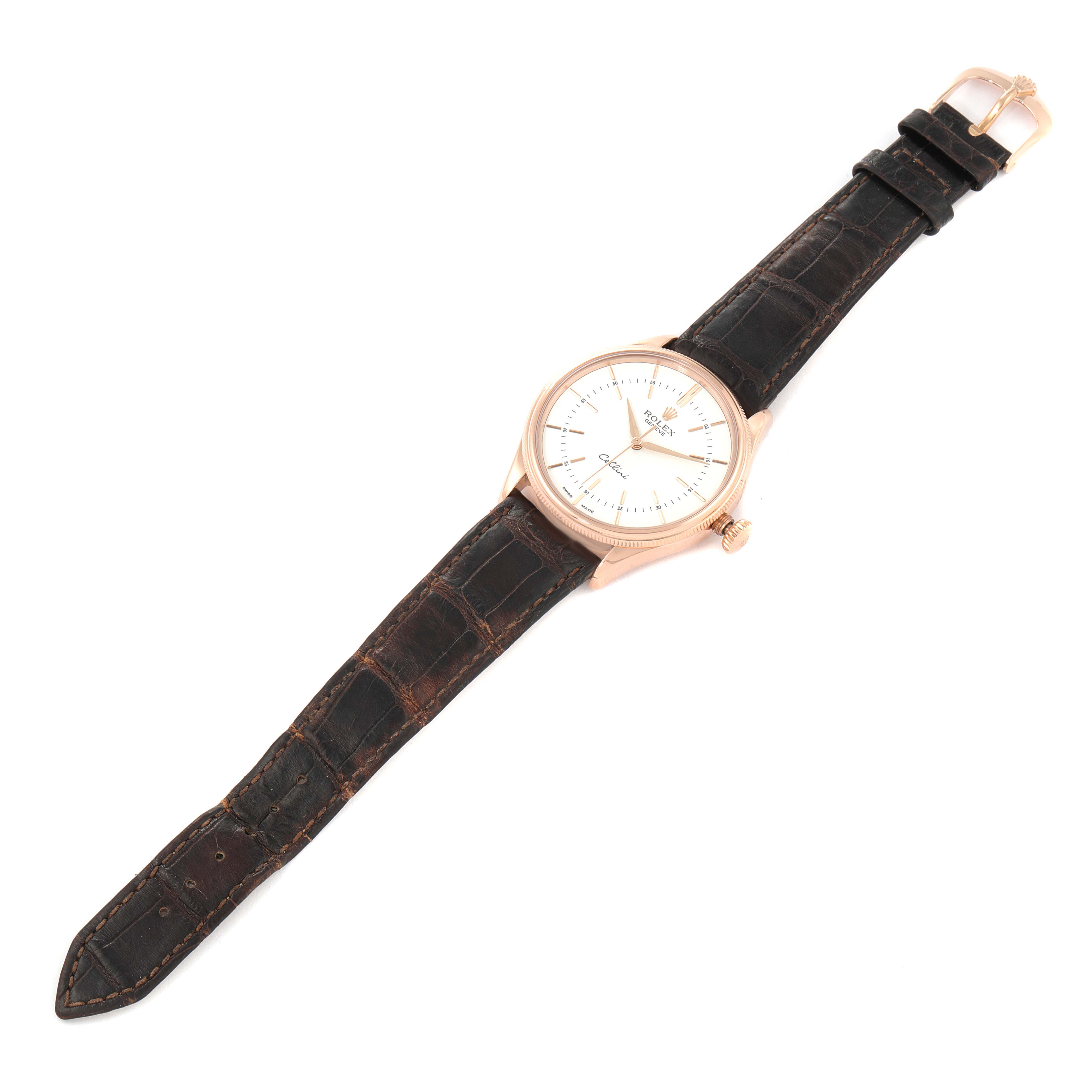 The Rolex Cellini 50505 Men's Rose Gold White Dial 50505 Men's Rose Gold White Dial watch is shown from a top-down angle, displaying the full face, case, crown, and leather strap.