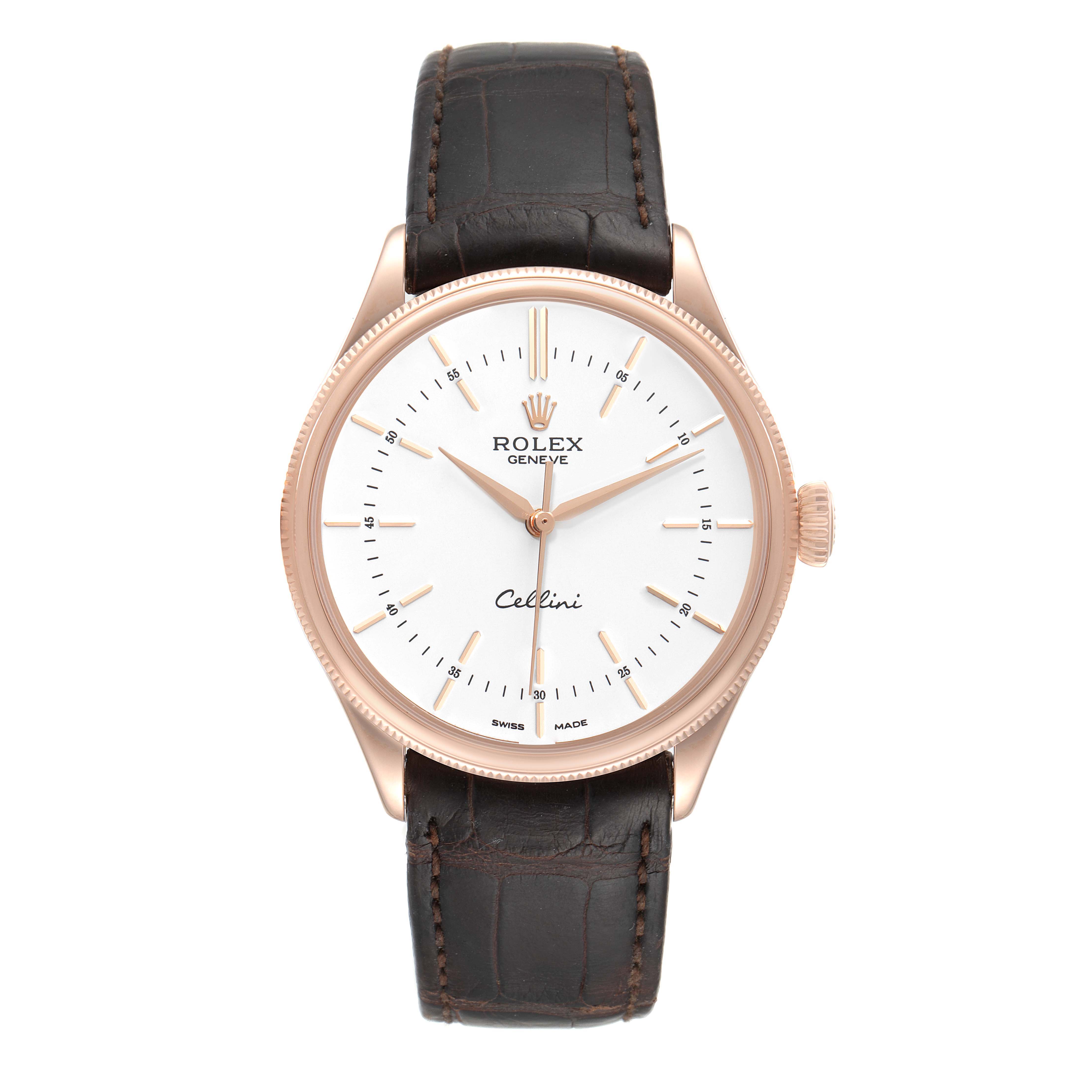 The Rolex Cellini 50505 Men's Rose Gold White Dial 50505 Men's Rose Gold White Dial watch is shown from a top-down angle, highlighting its face, bezel, crown, and leather strap.