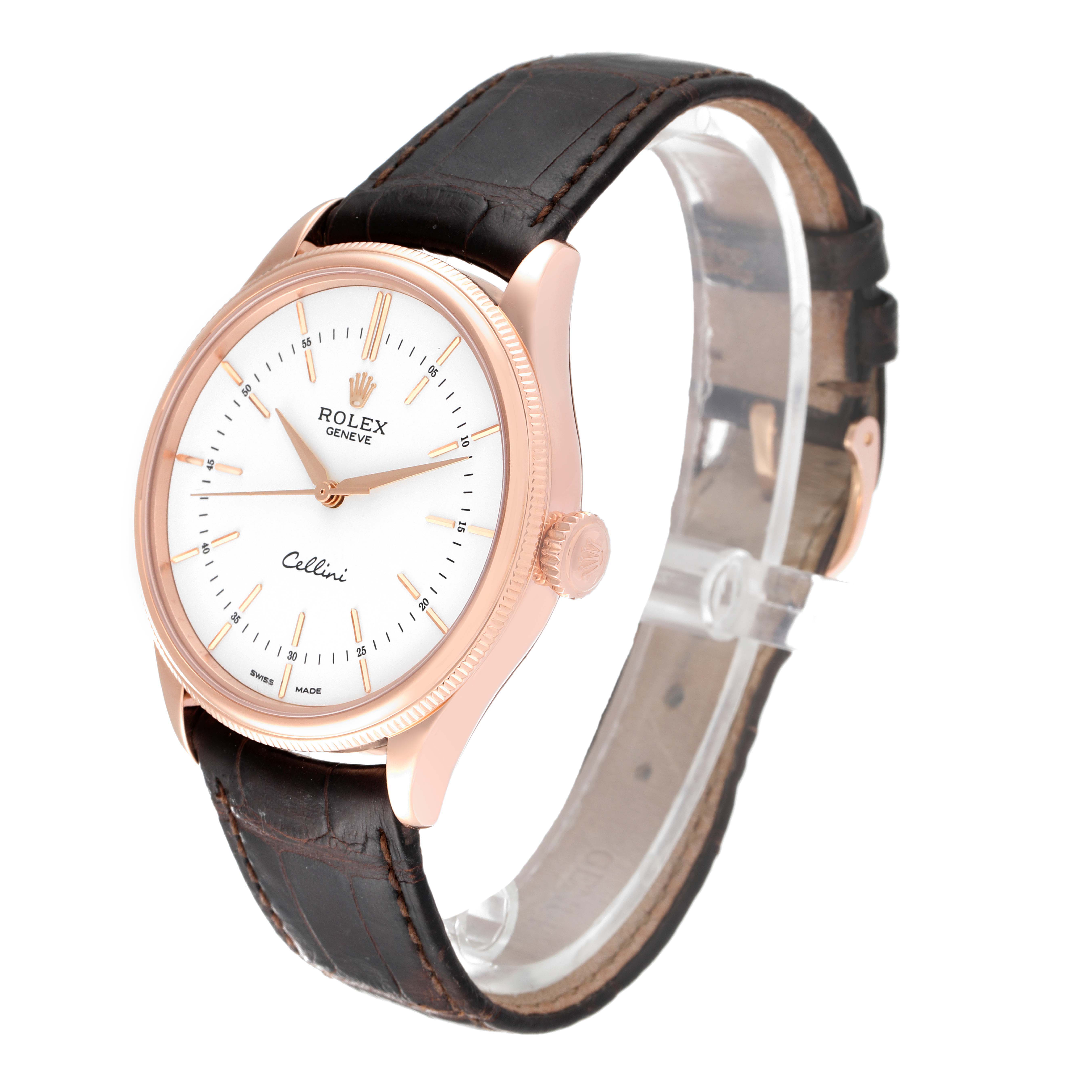 The Rolex Cellini 50505 Men's Rose Gold White Dial 50505 Men's Rose Gold White Dial watch is shown at a three-quarter angle, highlighting its leather strap, case, and face.