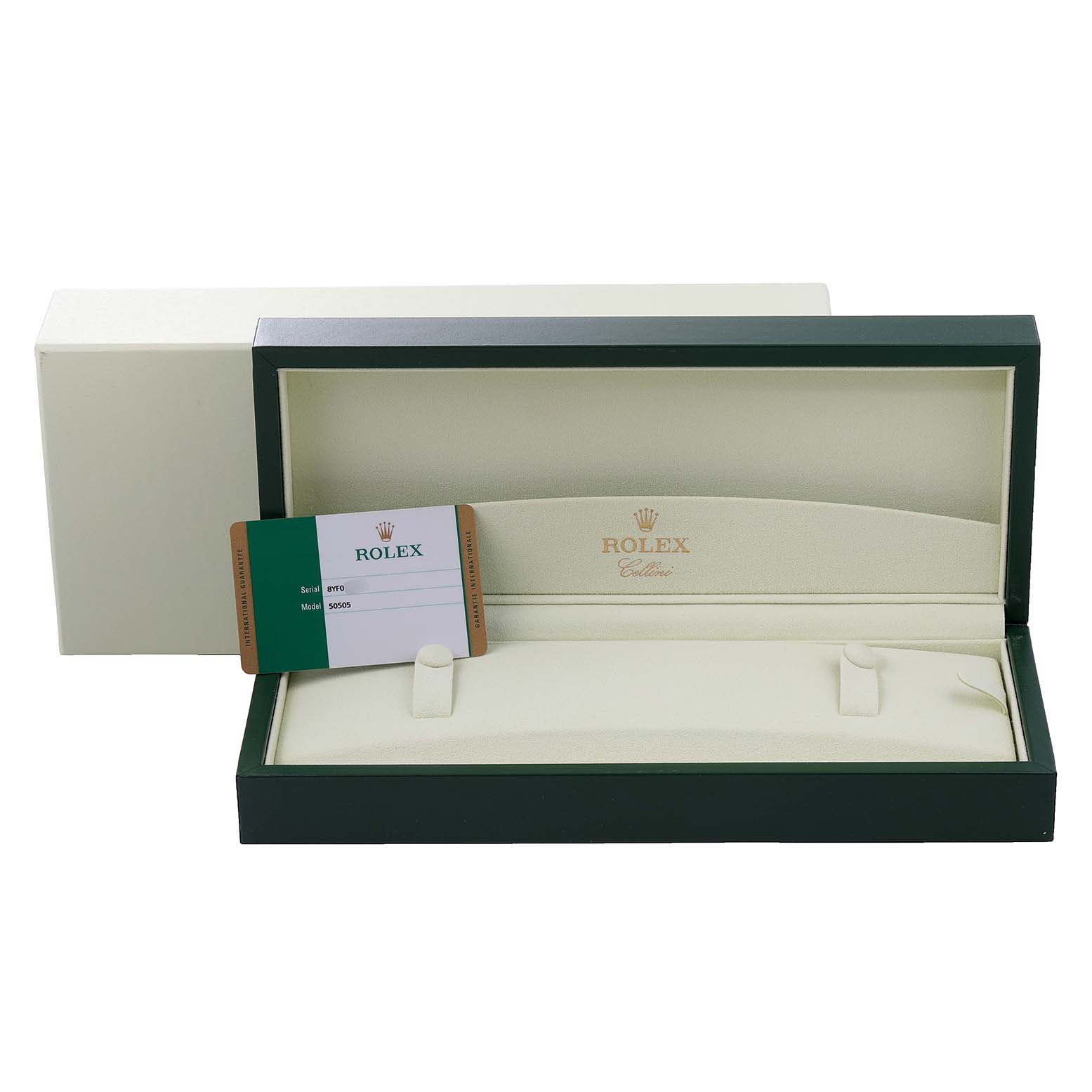 The image shows an open Rolex Cellini 50505 Men's Rose Gold White Dial 50505 Men's Rose Gold White Dial watch box at a front angle with the warranty card inside.