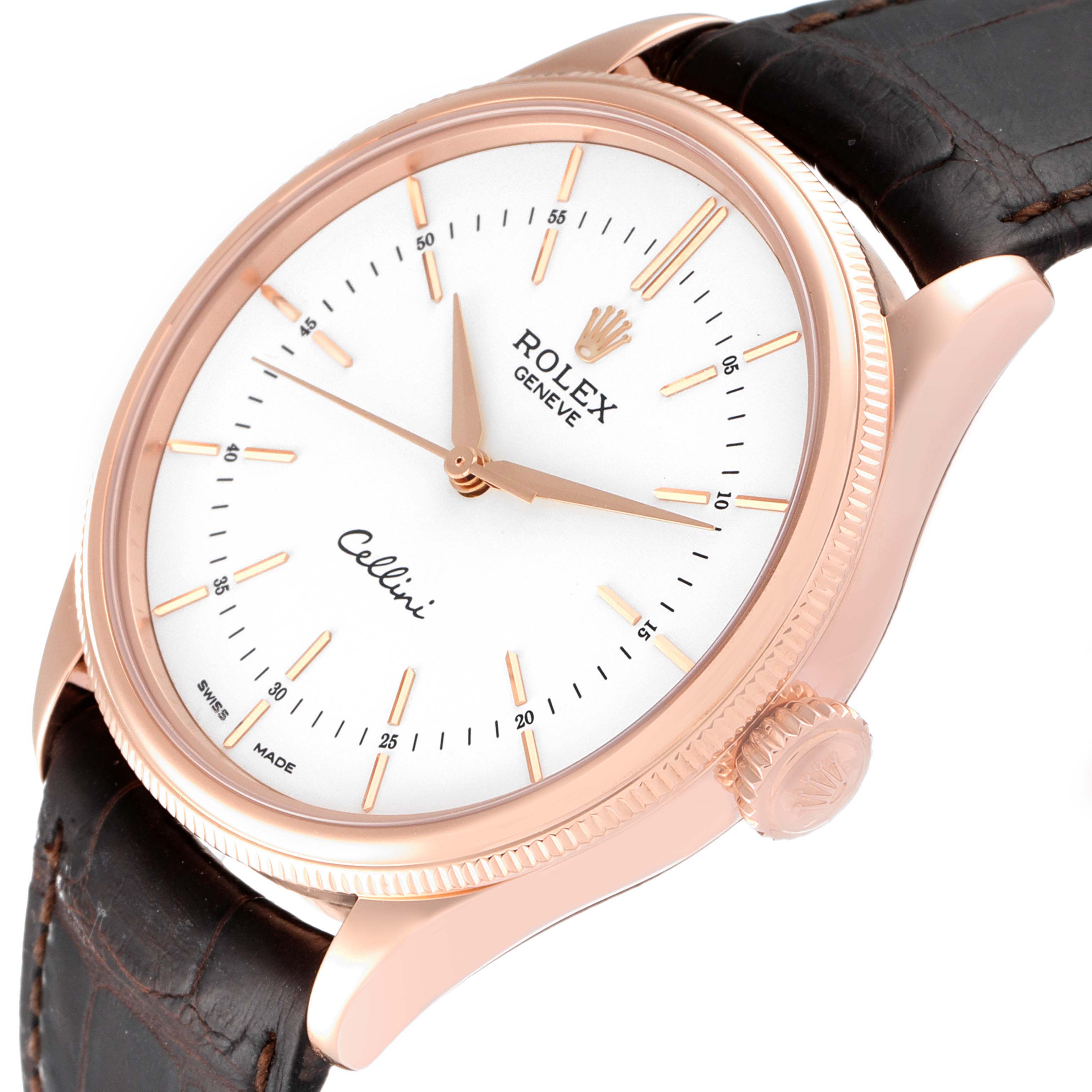 The image shows a side and partial front view of a Rolex Cellini 50505 Men's Rose Gold White Dial 50505 Men's Rose Gold White Dial watch, highlighting the dial, crown, and leather strap.