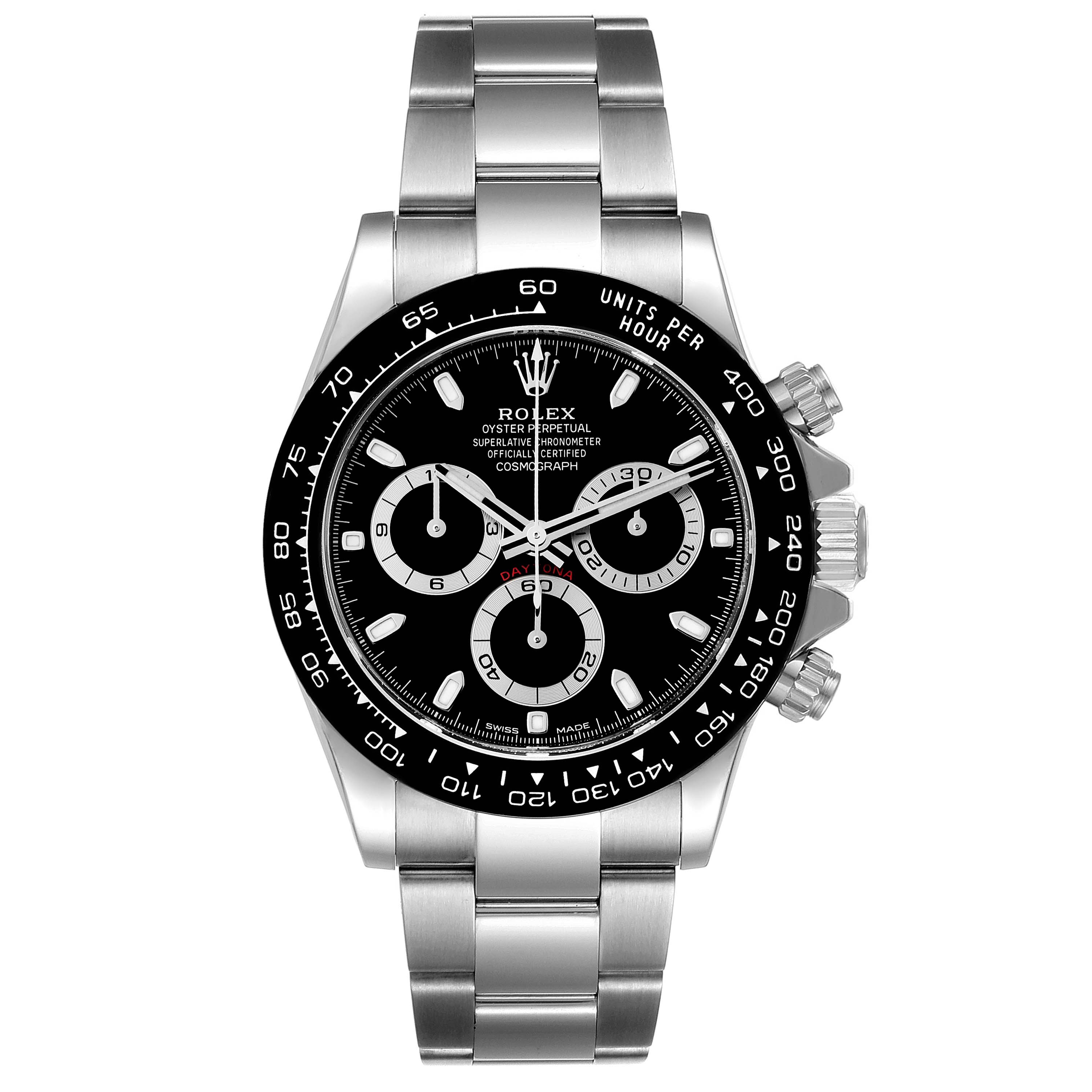 The image shows a front view of a Rolex Daytona 116500 Men's Stainless Steel Black Dial 116500 Men's Stainless Steel Black Dial watch, including the dial, bezel, and stainless steel bracelet.