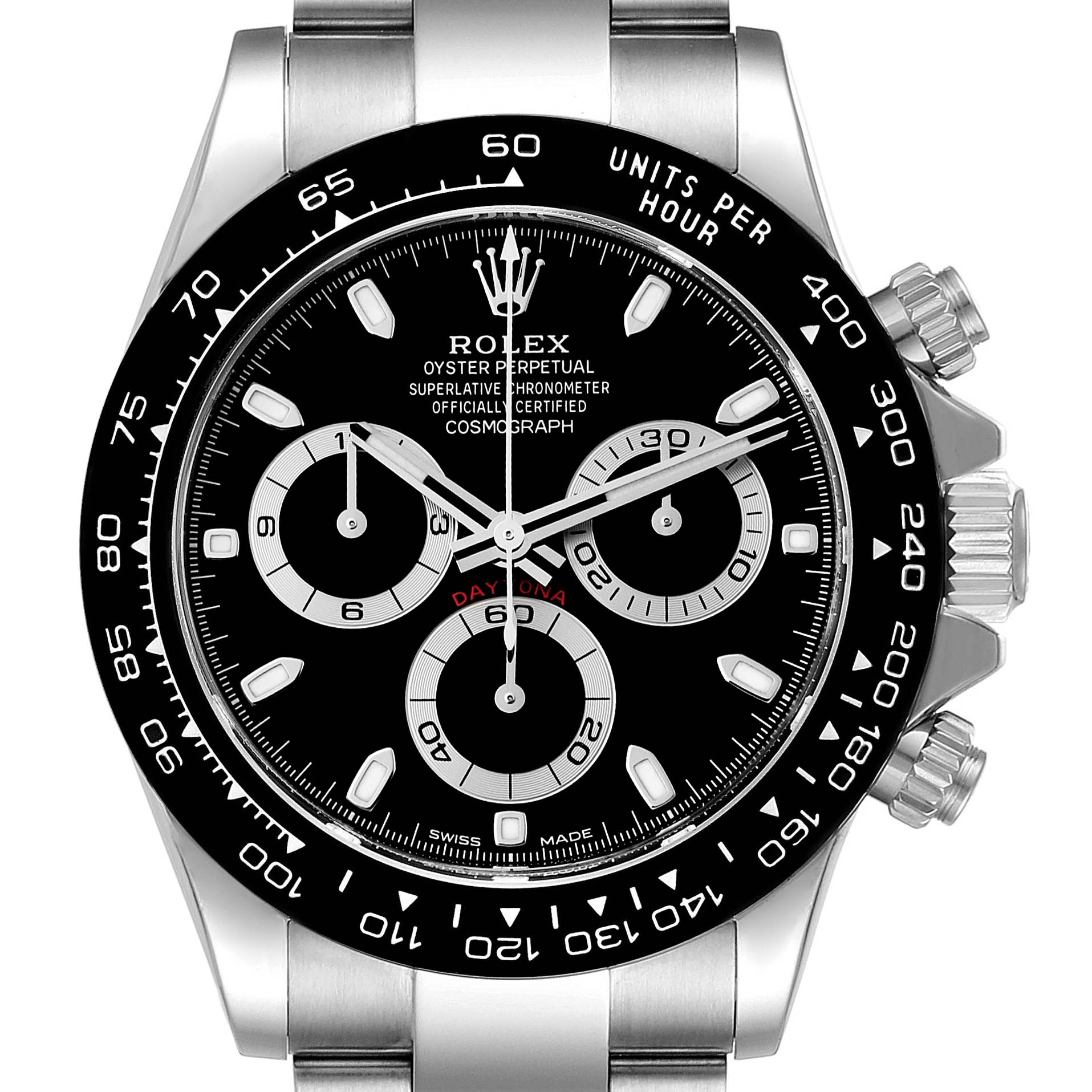 The image shows a front-angle view of a Rolex Daytona 116500 Men's Stainless Steel Black Dial 116500 Men's Stainless Steel Black Dial watch, highlighting the dial, bezel, and chronograph subdials.