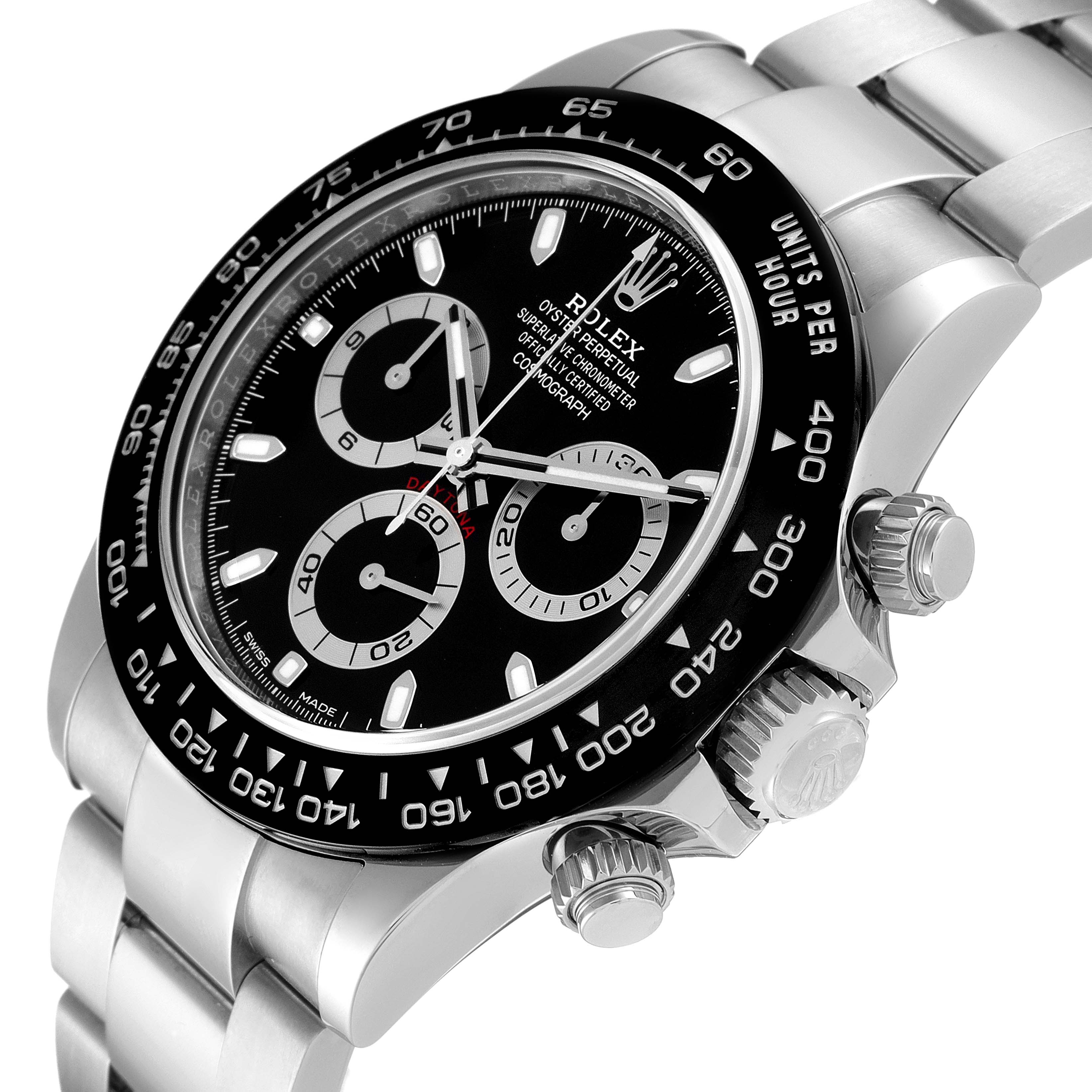 The Rolex Daytona 116500 Men's Stainless Steel Black Dial 116500 Men's Stainless Steel Black Dial watch is shown at a slight oblique angle, displaying the dial, bezel, pushers, and part of the bracelet.