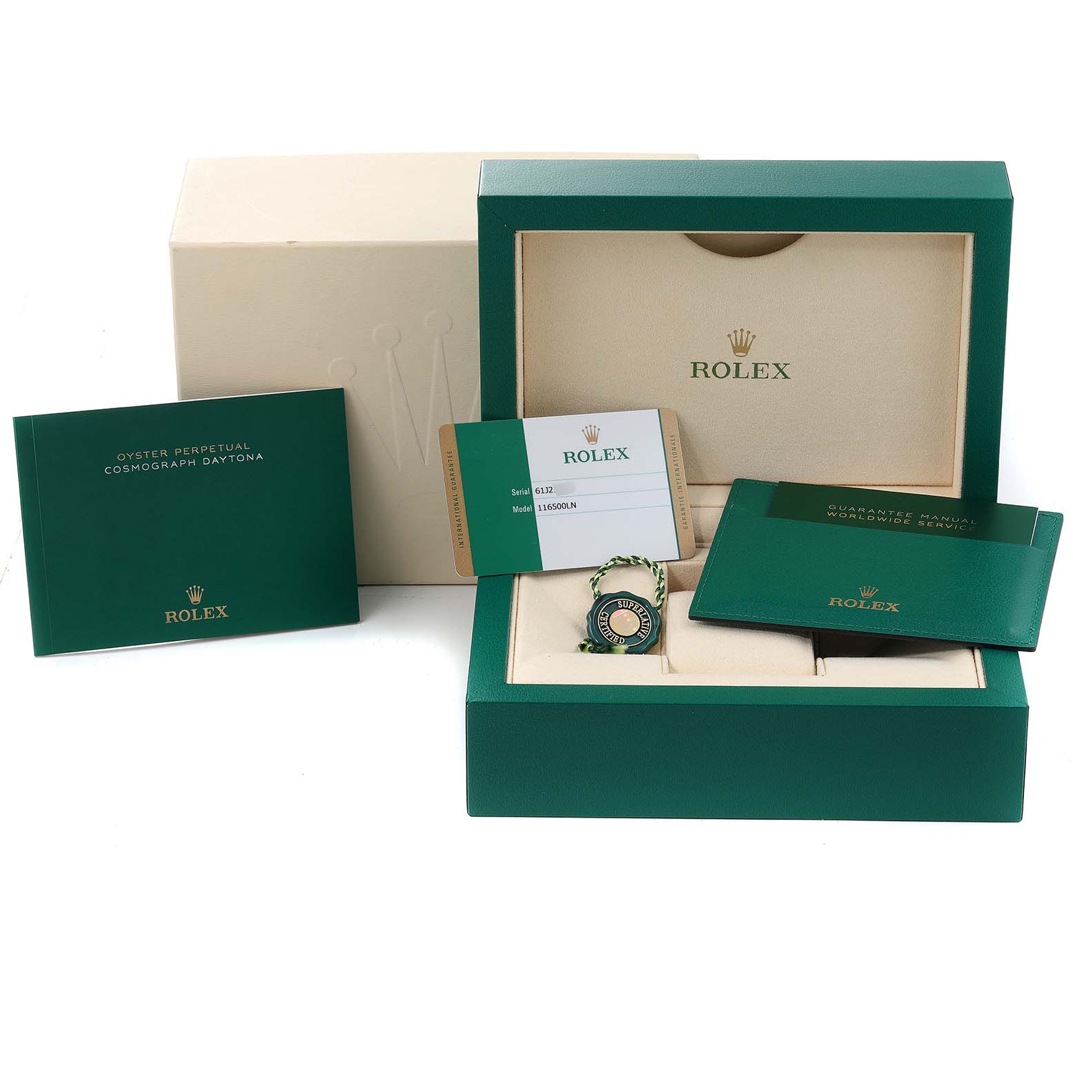 The image shows the packaging, an authenticity card, manuals, and tags for a Rolex Daytona 116500 Men's Stainless Steel Black Dial 116500 Men's Stainless Steel Black Dial.