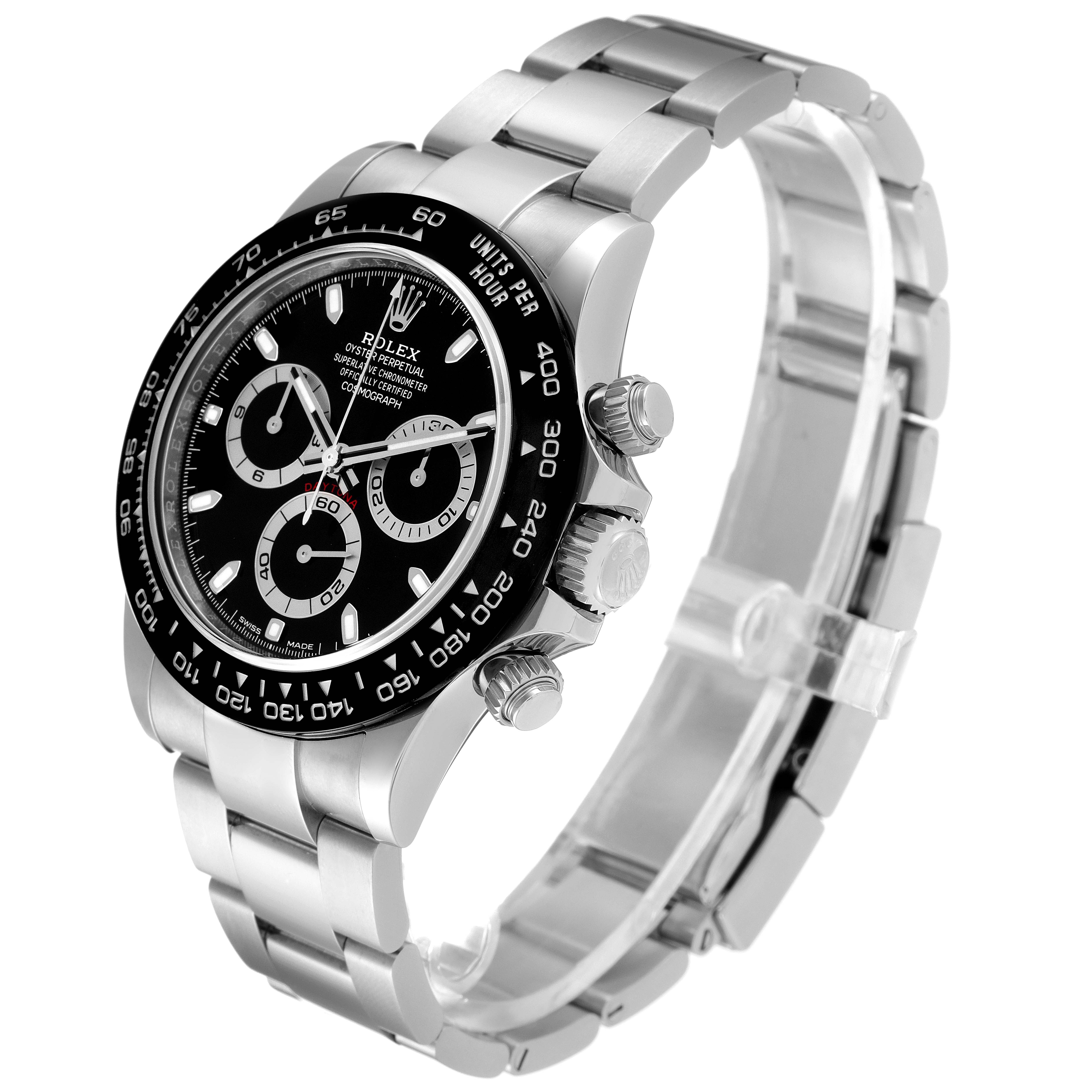 The Rolex Daytona 116500 Men's Stainless Steel Black Dial 116500 Men's Stainless Steel Black Dial watch is shown at an angled side view, highlighting its dial, bezel, pushers, and bracelet.
