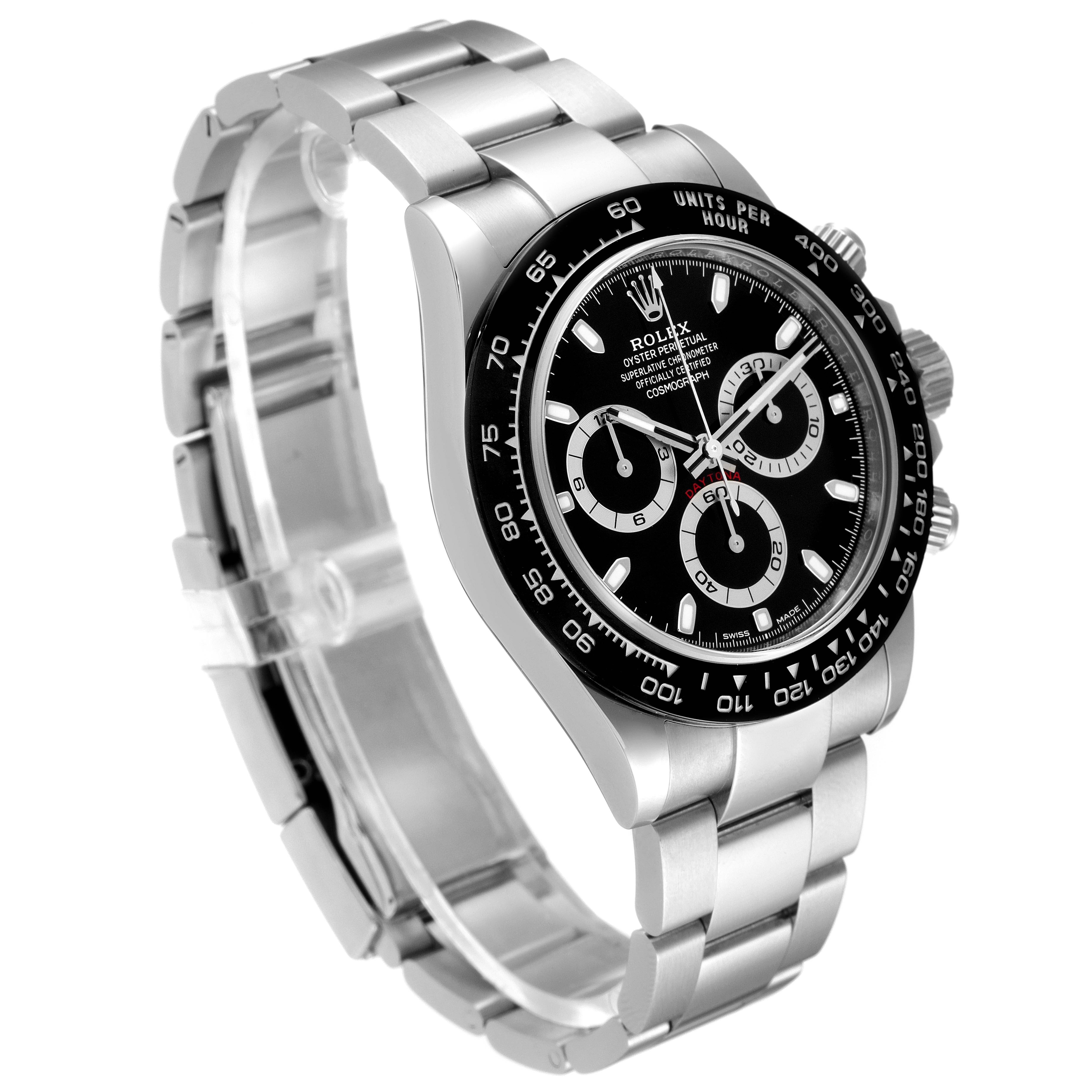 This image shows a Rolex Daytona 116500 Men's Stainless Steel Black Dial 116500 Men's Stainless Steel Black Dial watch at a three-quarter angle, highlighting the face, bezel, crown, and bracelet.
