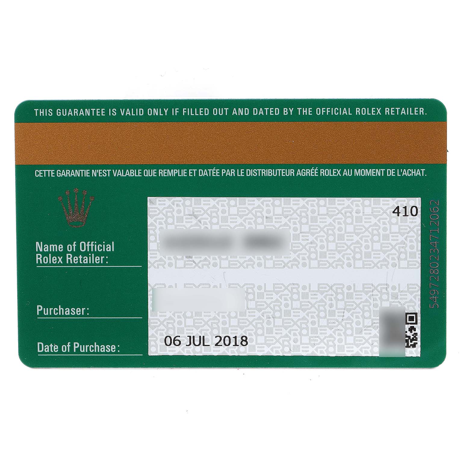 This image shows the guarantee card for a Rolex Daytona 116500 Men's Stainless Steel Black Dial 116500 Men's Stainless Steel Black Dial watch, including details like retailer name, purchase date, and serial number.