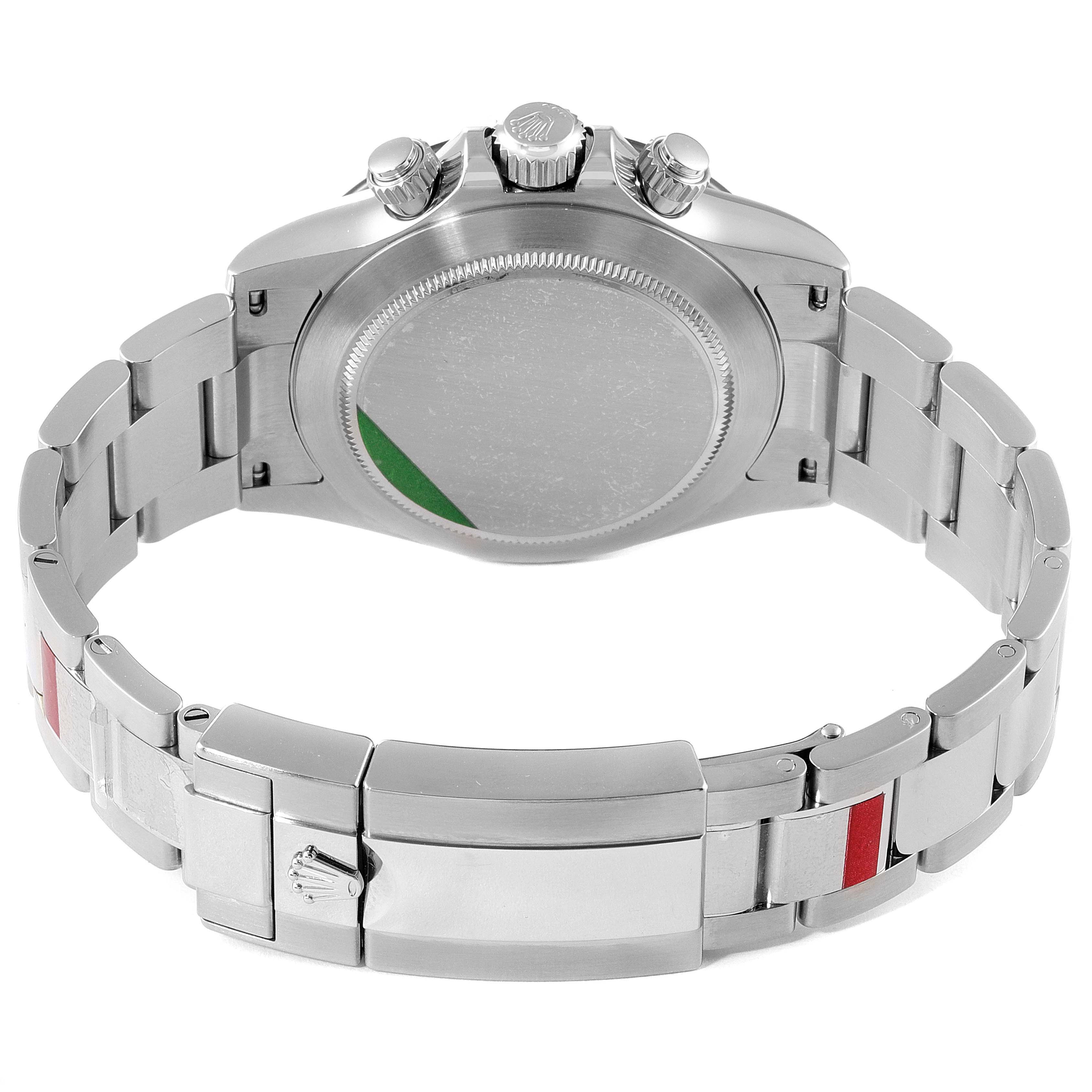 The image displays the back and clasp of a Rolex Daytona 116500 Men's Stainless Steel Black Dial 116500 Men's Stainless Steel Black Dial watch, highlighting its bracelet and caseback.