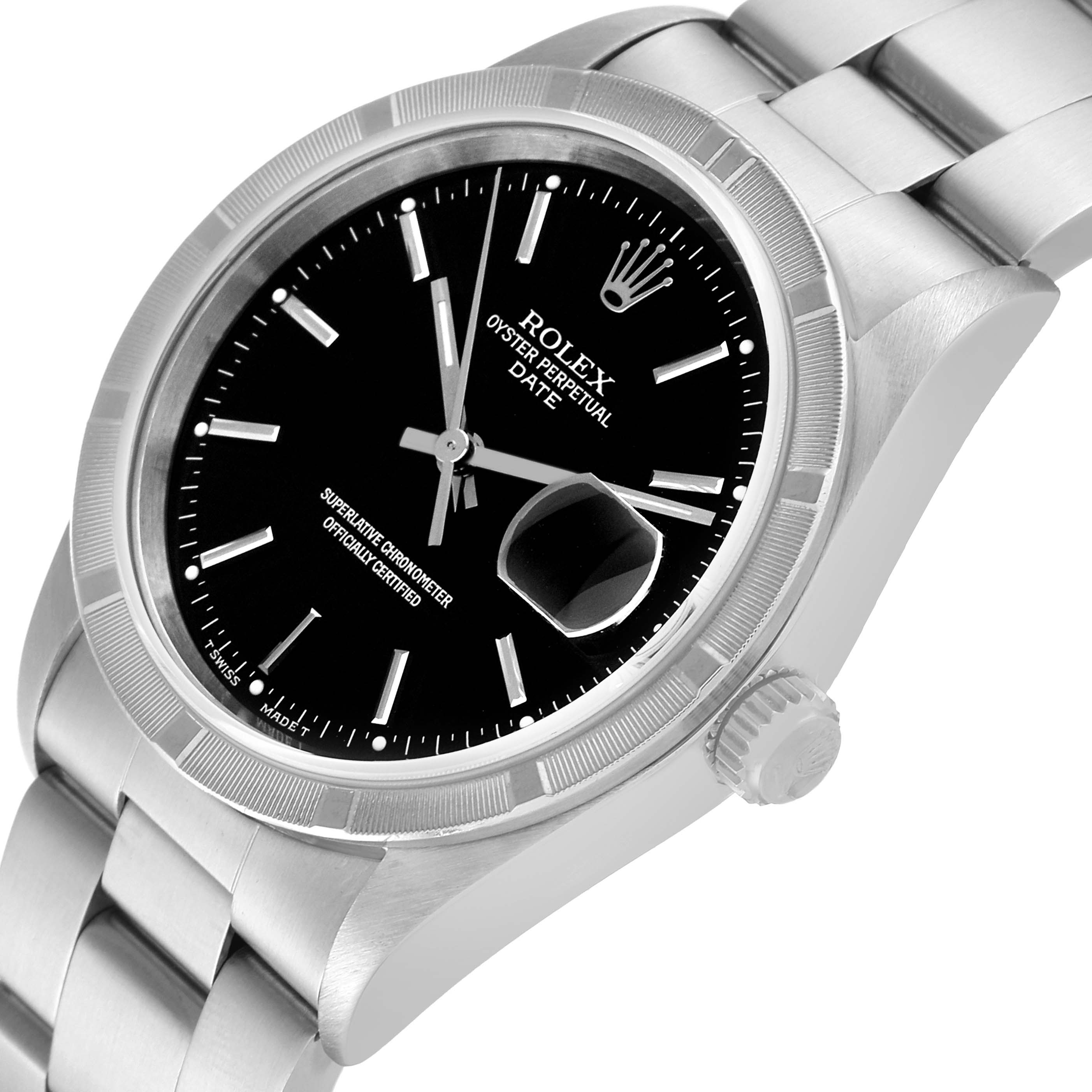 The image shows a Rolex Date 15210 Men's Stainless Steel Black Dial 15210 Men's Stainless Steel Black Dial model watch at a slight angle, highlighting the black dial, bezel, crown, and part of the metal bracelet.