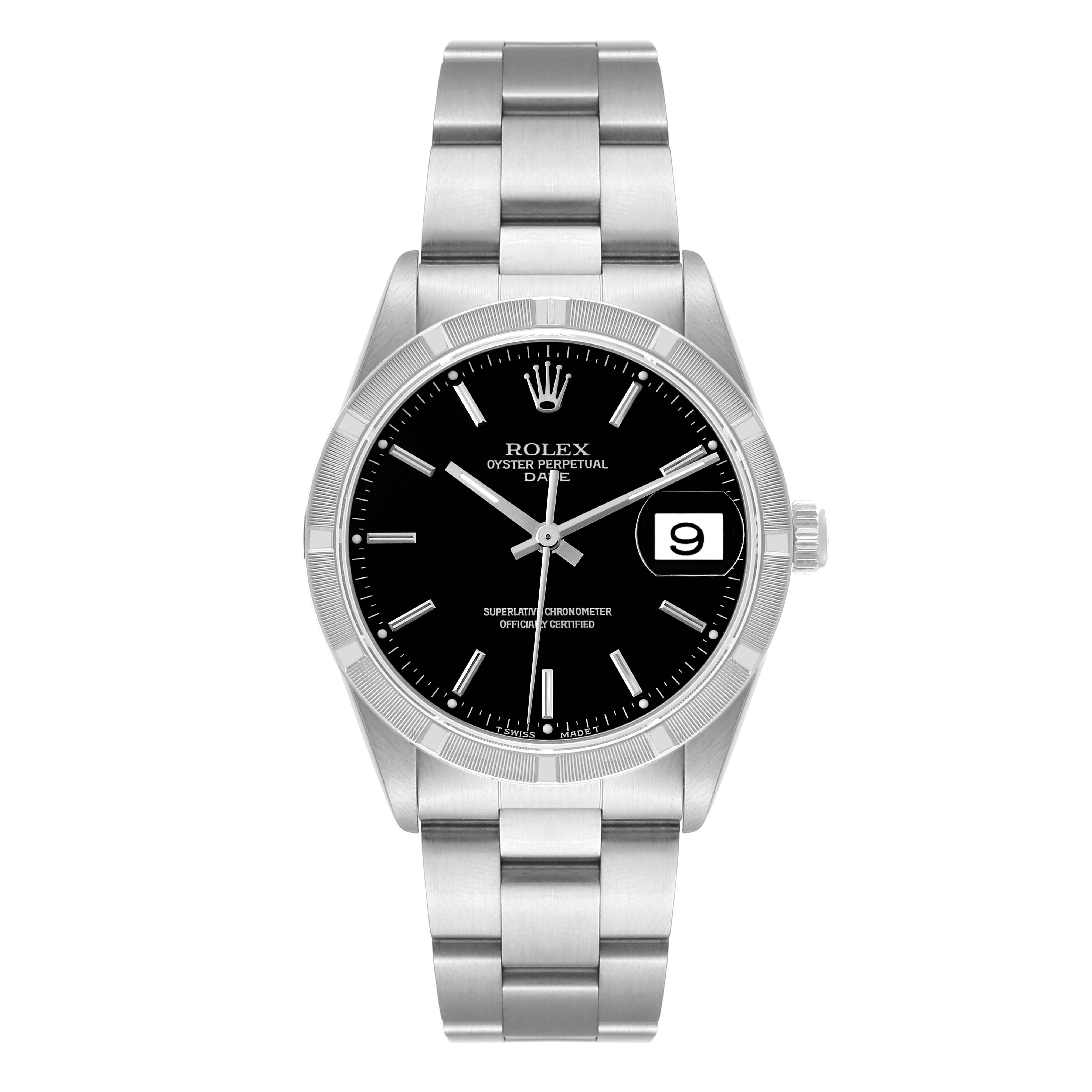 This image shows a front view of the Rolex Date 15210 Men's Stainless Steel Black Dial 15210 Men's Stainless Steel Black Dial model watch, displaying its black dial, date window, and stainless steel bracelet.