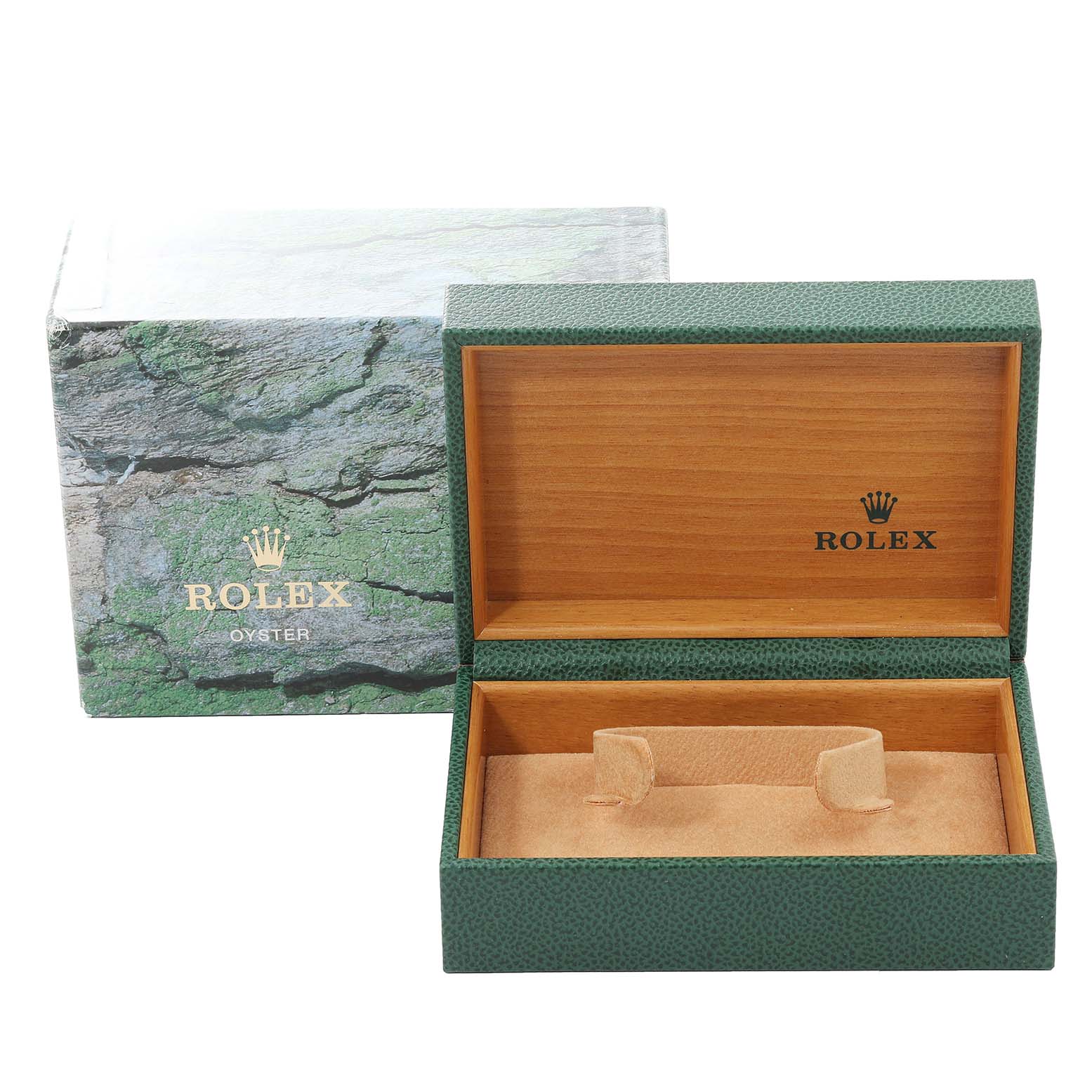 The image shows an open green and wooden Rolex watch box and its outer box for the Date model by Rolex.
