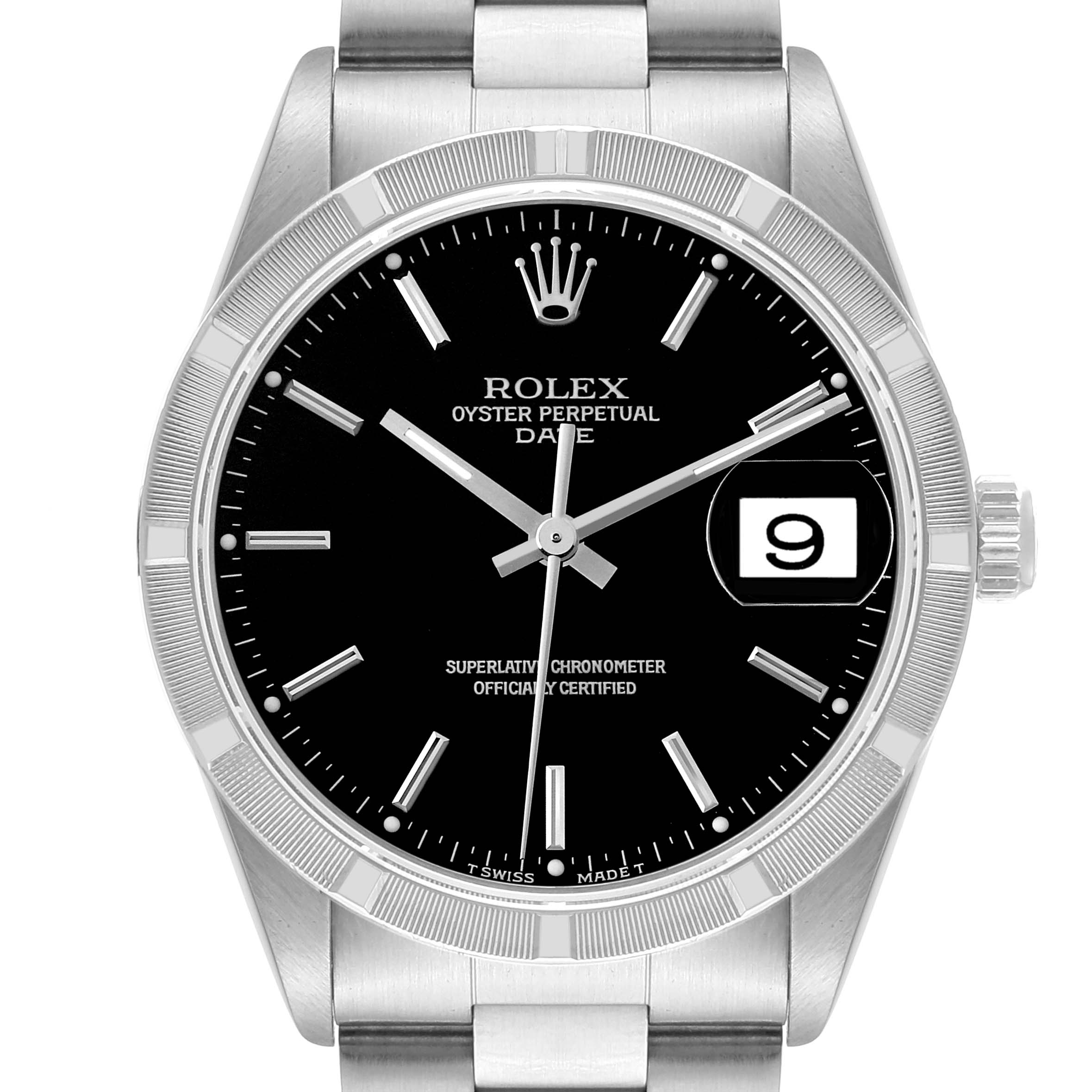 The image shows a front view of the Rolex Oyster Perpetual Date model, highlighting the bezel, dial, hands, and date window.