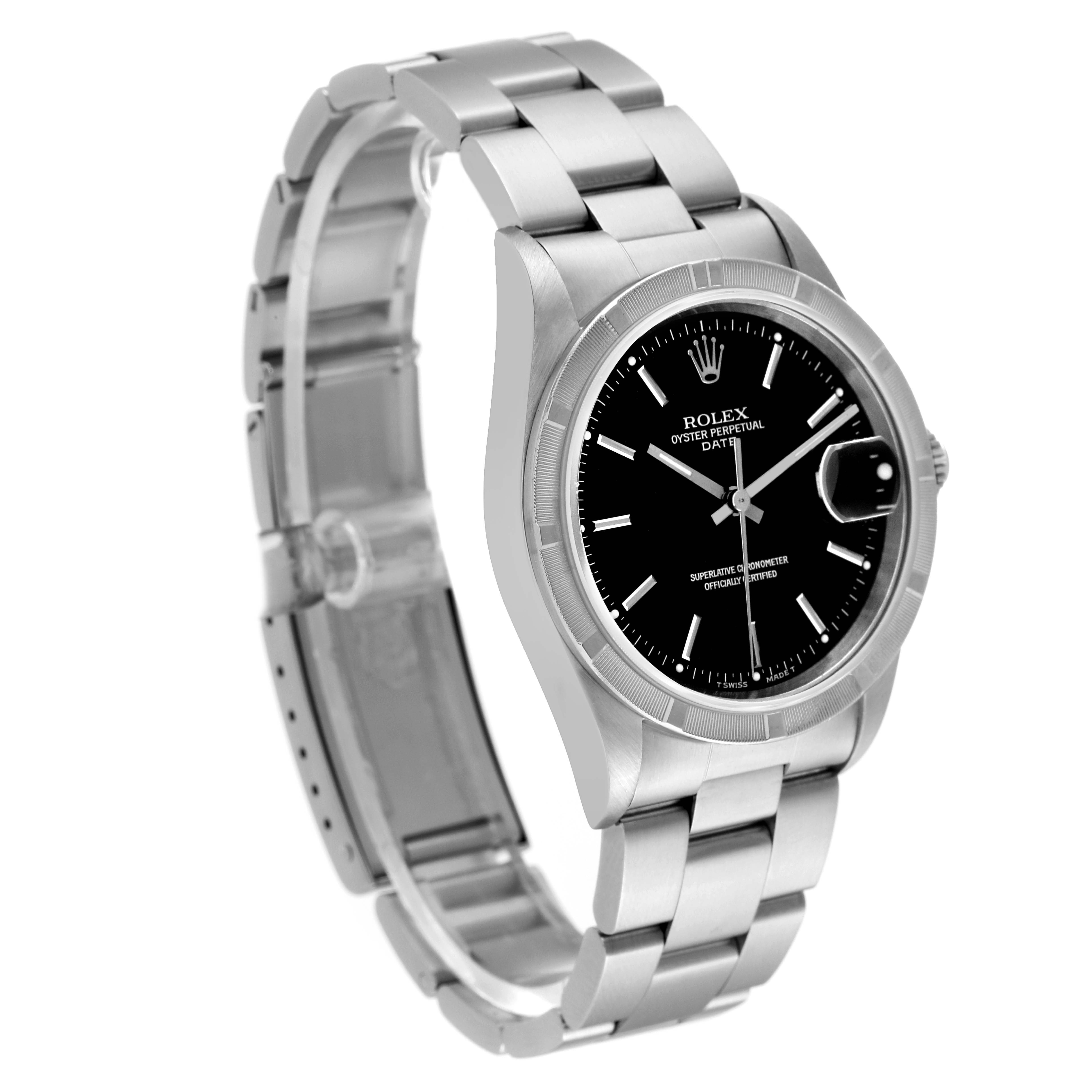 The image shows a Rolex Oyster Perpetual Date watch at an angled side view, displaying the dial, case, bracelet, and clasp.