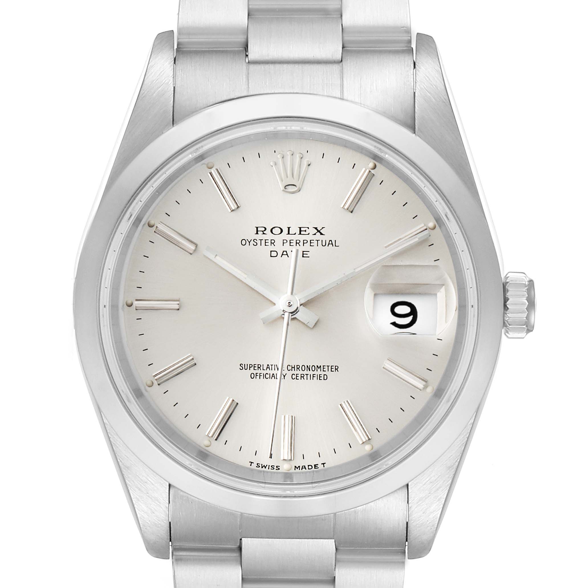 The image shows a front angle of the Rolex Date 15200 Men's Stainless Steel Silver Dial 15200 Men's Stainless Steel Silver Dial model watch, highlighting the dial, hands, date window, and part of the bracelet.