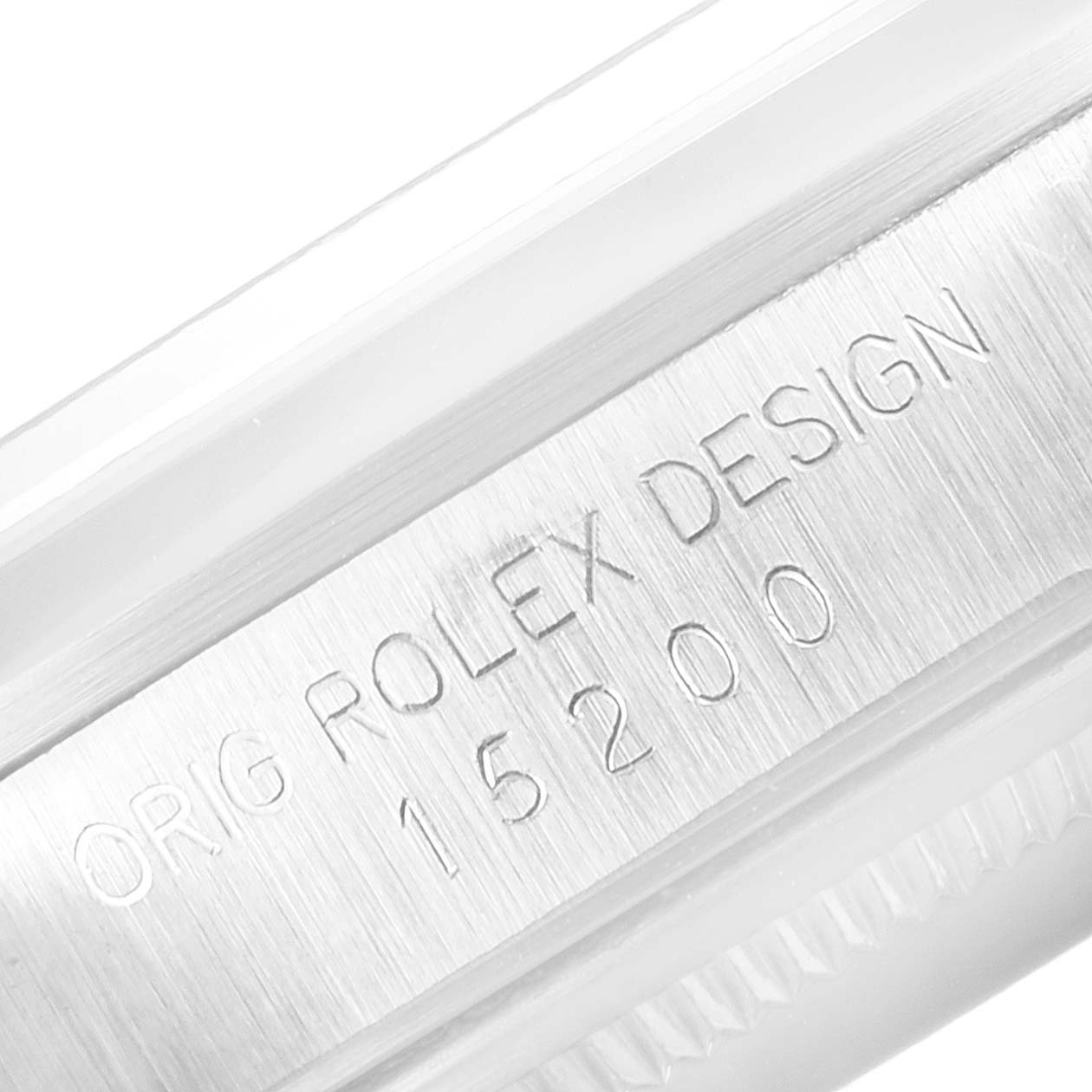 This image shows the engraved model number "15200" on the case side of a Rolex Date 15200 Men's Stainless Steel Silver Dial 15200 Men's Stainless Steel Silver Dial watch.