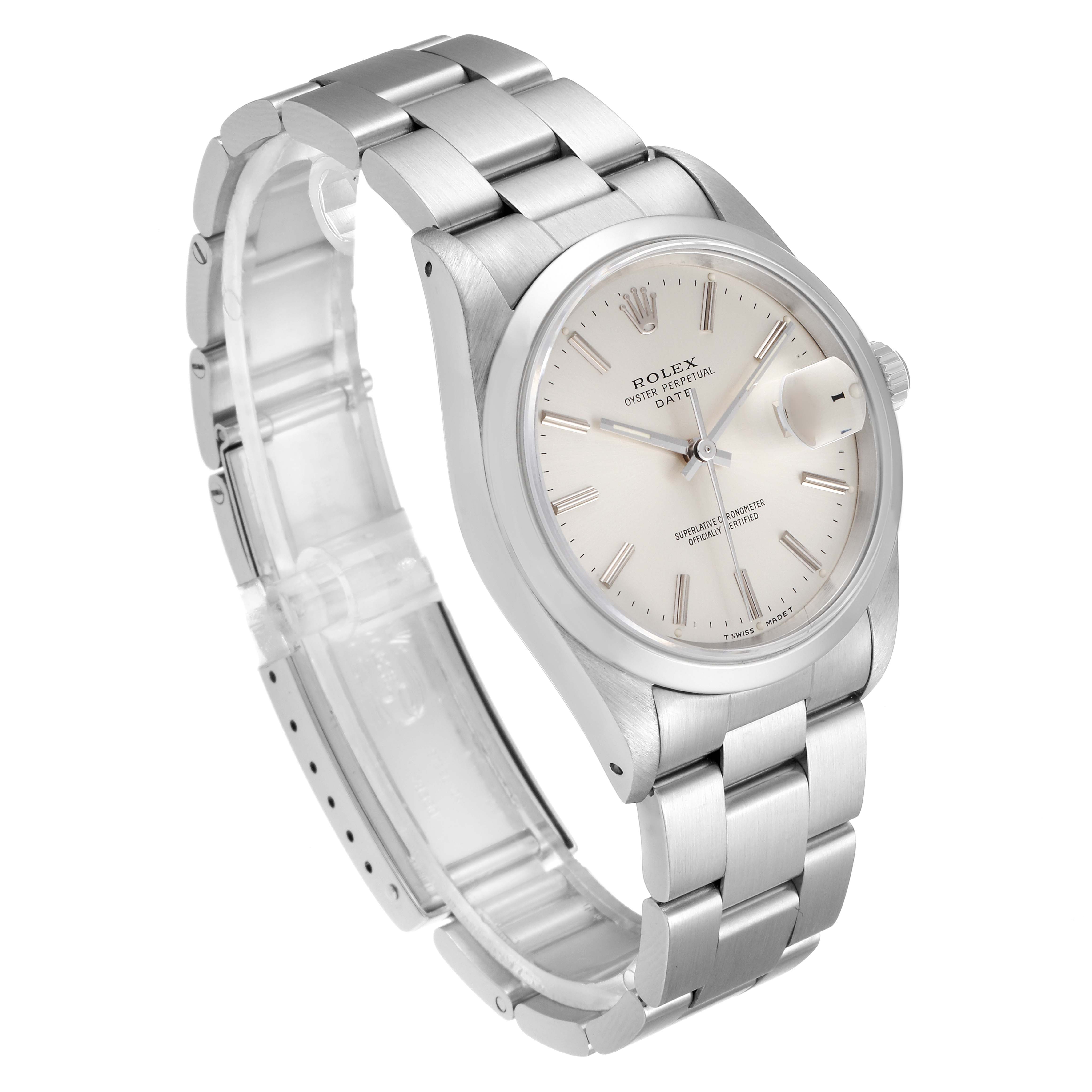 This image shows a Rolex Date 15200 Men's Stainless Steel Silver Dial 15200 Men's Stainless Steel Silver Dial model watch from an angled view displaying the face, bezel, crown, and band.