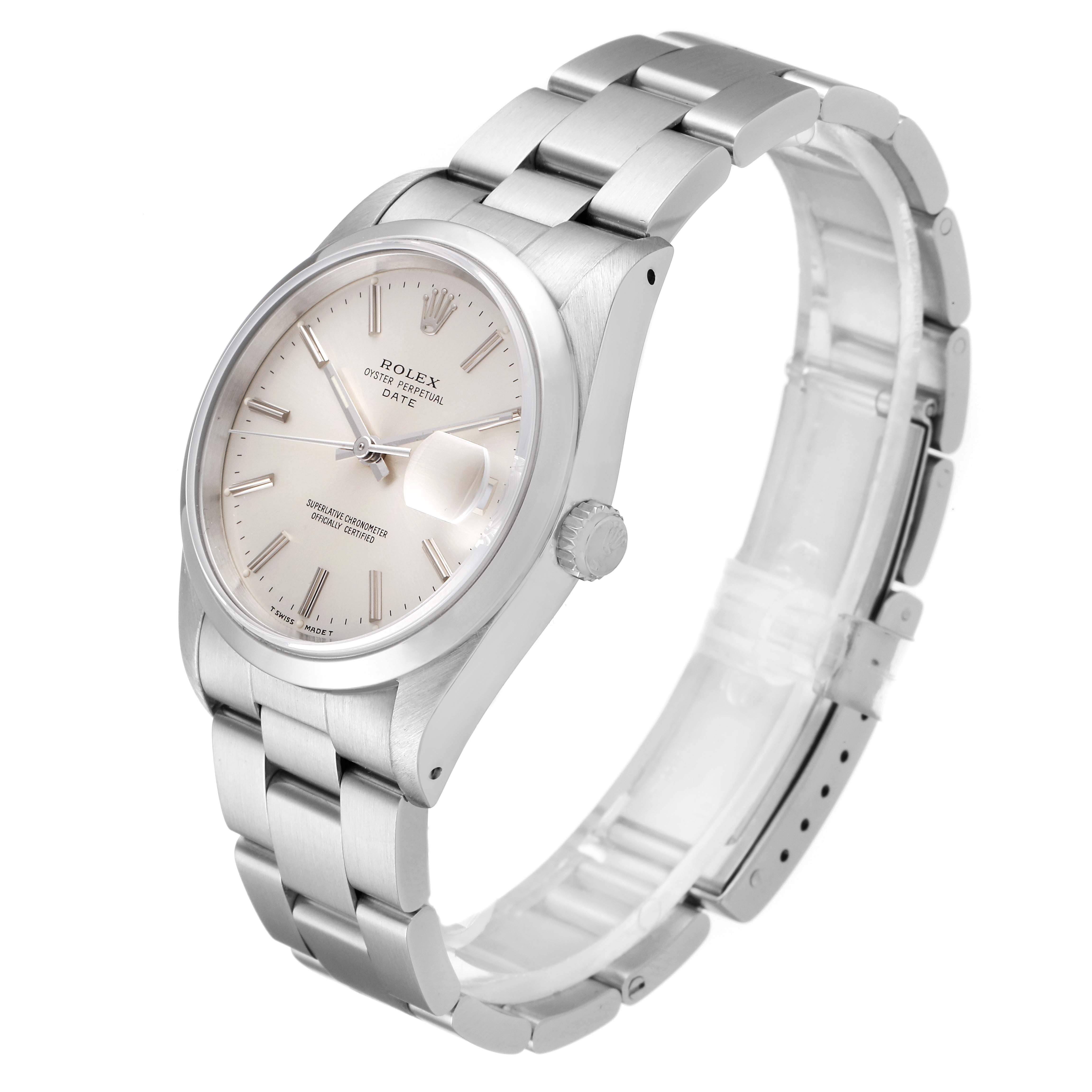 The Rolex Date 15200 Men's Stainless Steel Silver Dial 15200 Men's Stainless Steel Silver Dial model watch is shown at a 45-degree angle, displaying its dial, crown, bracelet, and clasp.