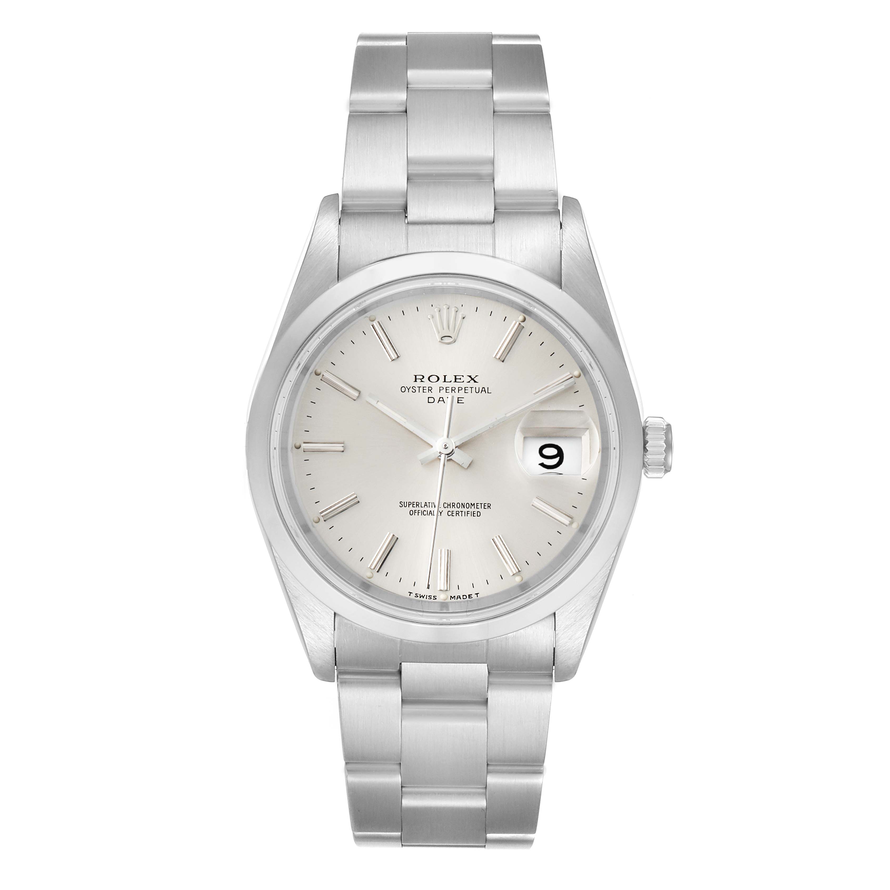 This image shows a frontal view of a Rolex Oyster Perpetual Date watch, displaying its dial, bracelet, and date window.