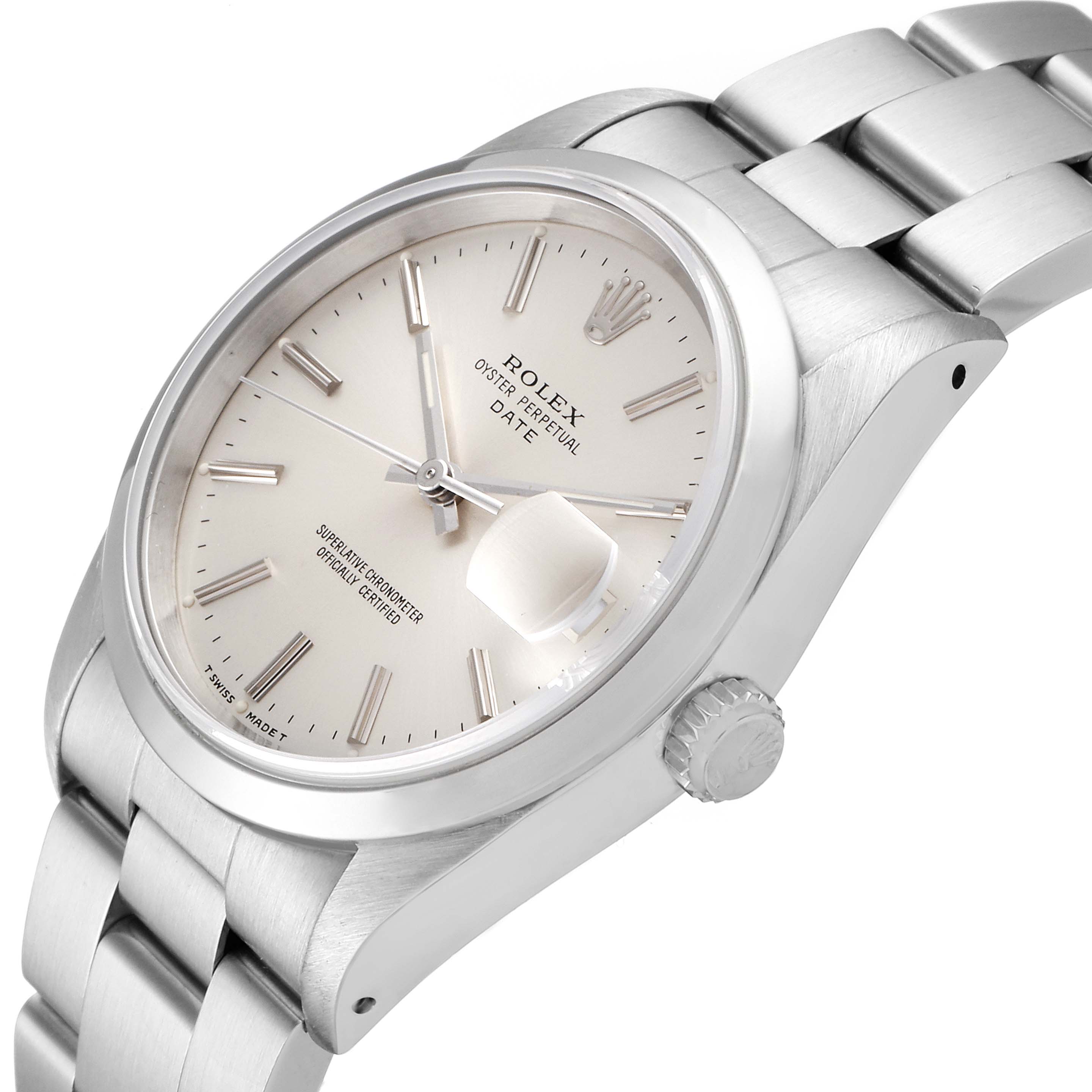 The image shows a close-up angled view of the face and side, including the crown, of a Rolex Date 15200 Men's Stainless Steel Silver Dial 15200 Men's Stainless Steel Silver Dial model watch.