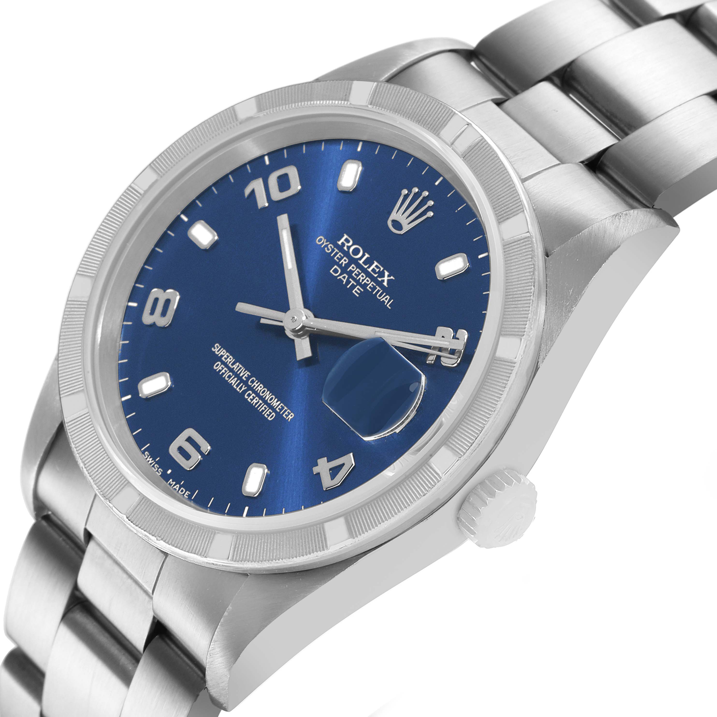 The image shows a Rolex Date 15210 Men's Stainless Steel Blue Dial model watch at an angled view, highlighting the blue dial, date window, bezel, and part of the bracelet.