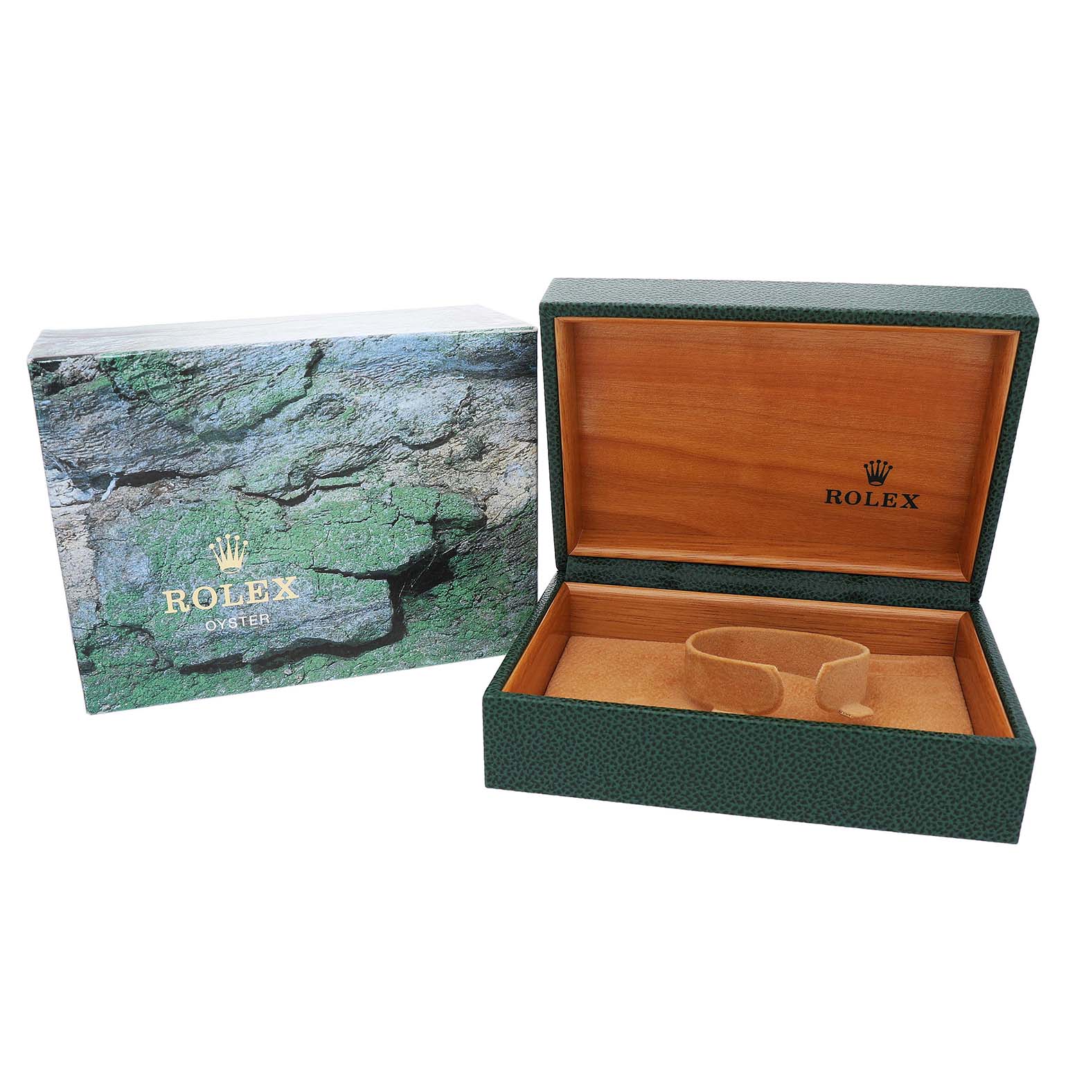 The image shows an open Rolex Date 15210 Men's Stainless Steel Blue Dial model box and its cover, angled to display the interior packaging.