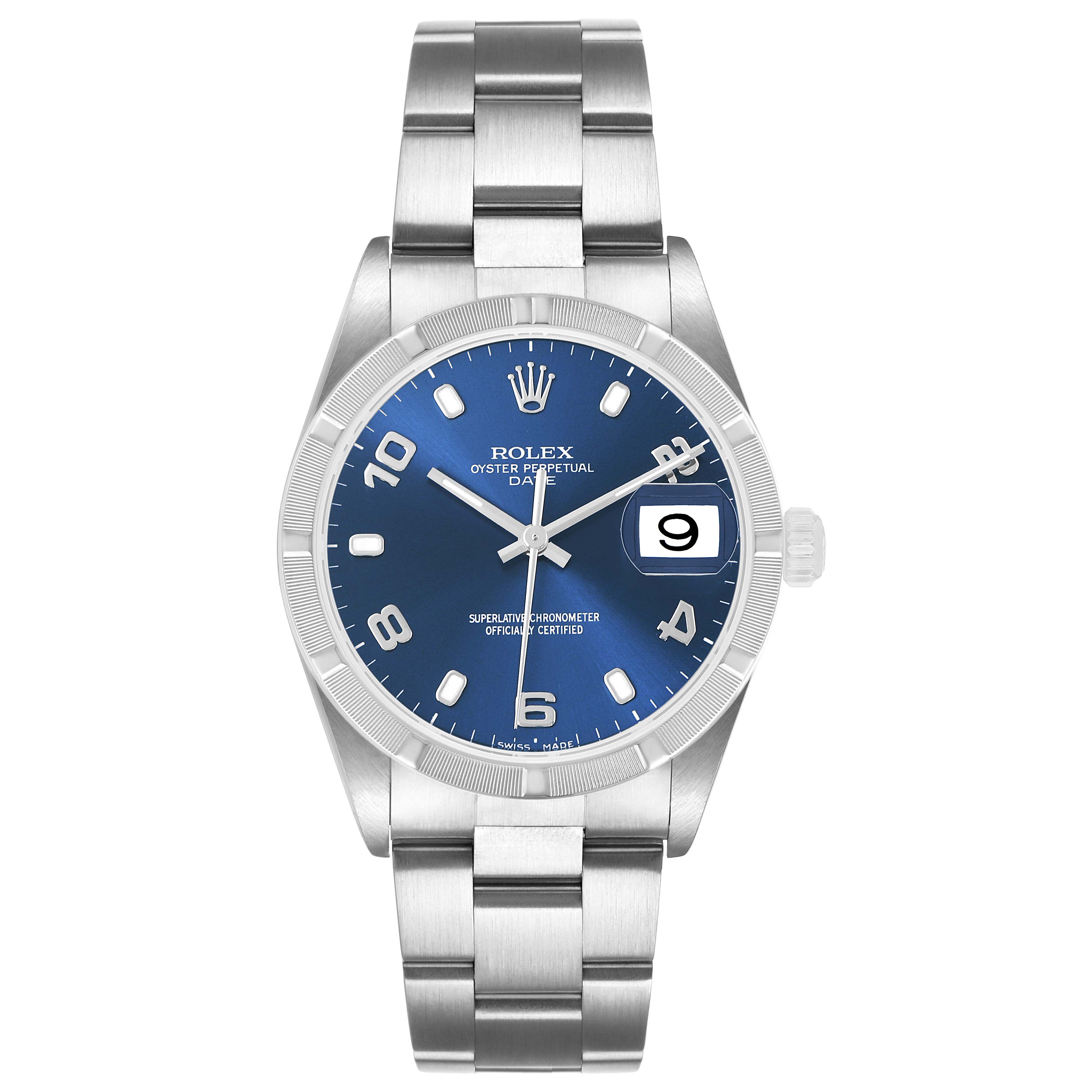 The Rolex Date 15210 Men's Stainless Steel Blue Dial watch is shown from a direct front angle, highlighting the dial, markers, bezel, bracelet, and date window.