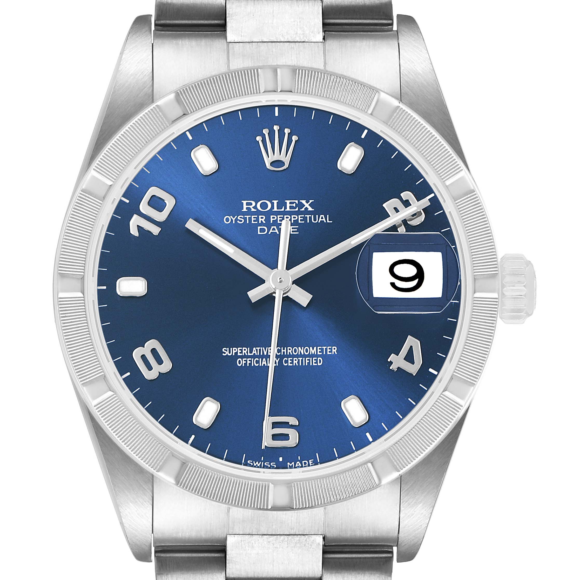 The Rolex Date 15210 Men's Stainless Steel Blue Dial watch is shown from a front angle, displaying the dial, hands, date window, and part of the bracelet.
