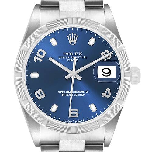 The Rolex Date 15210 Men's Stainless Steel Blue Dial watch is shown from a front angle, highlighting the blue dial and date window at 3 o'clock.