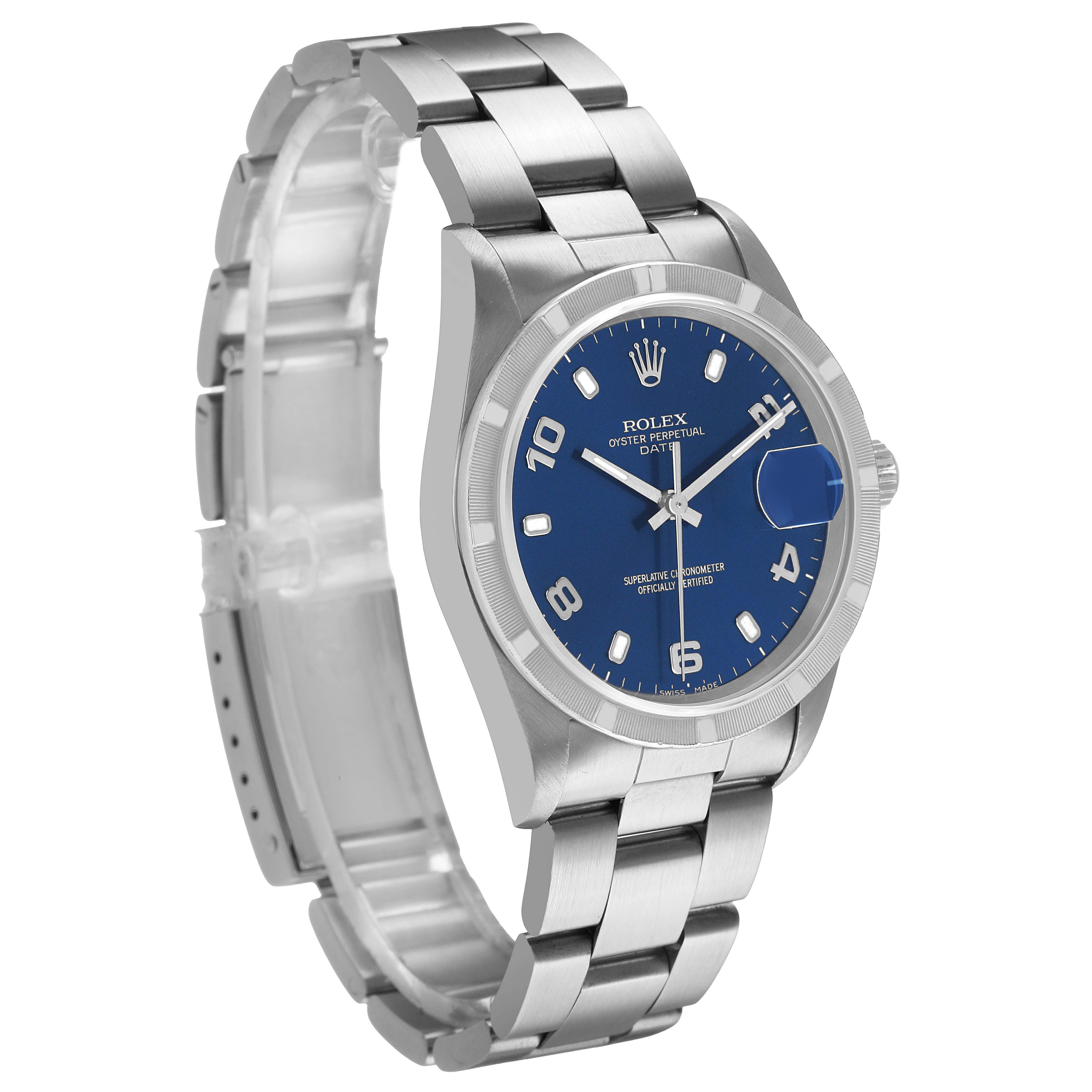 The Rolex Date 15210 Men's Stainless Steel Blue Dial watch is shown from a side angle, highlighting its blue dial, bezel, and metal bracelet.