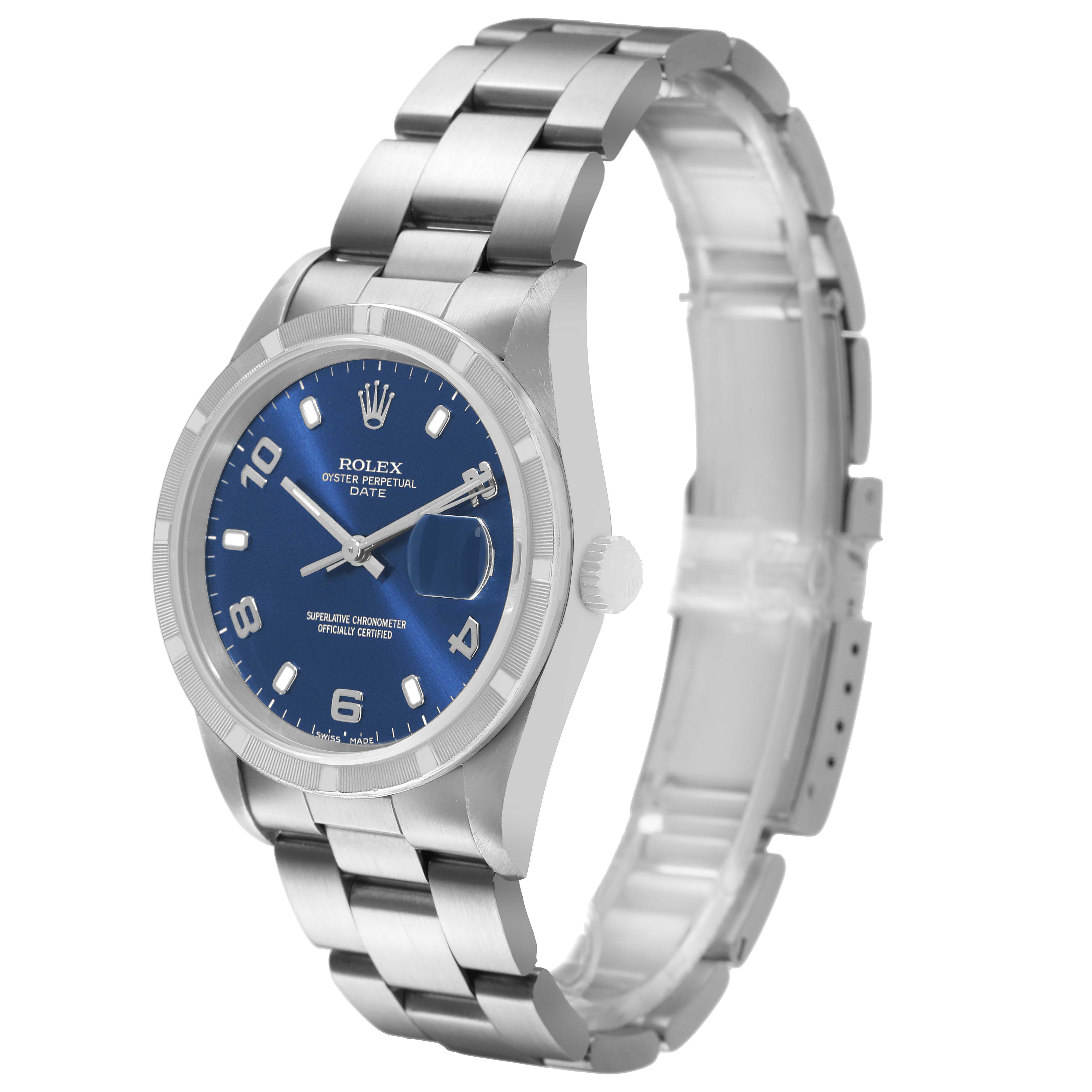 The Rolex Date 15210 Men's Stainless Steel Blue Dial watch is shown at an angle highlighting the dial, bezel, crown, and bracelet.