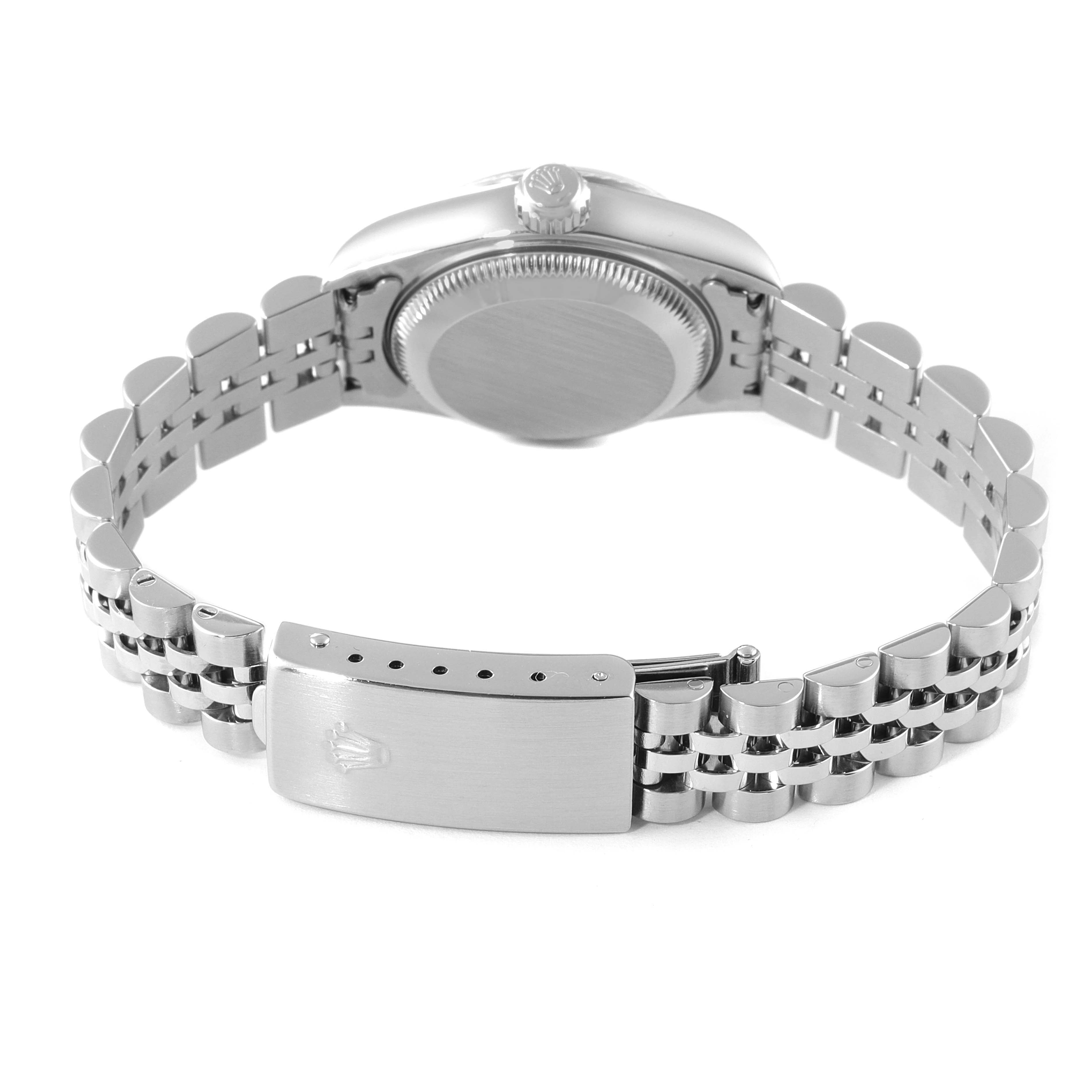 The image shows the back view of a Rolex Datejust 79174 Women's Stainless Steel Black Dial 79174 Women's Stainless Steel Black Dial watch, focusing on the case back, bracelet, and clasp.