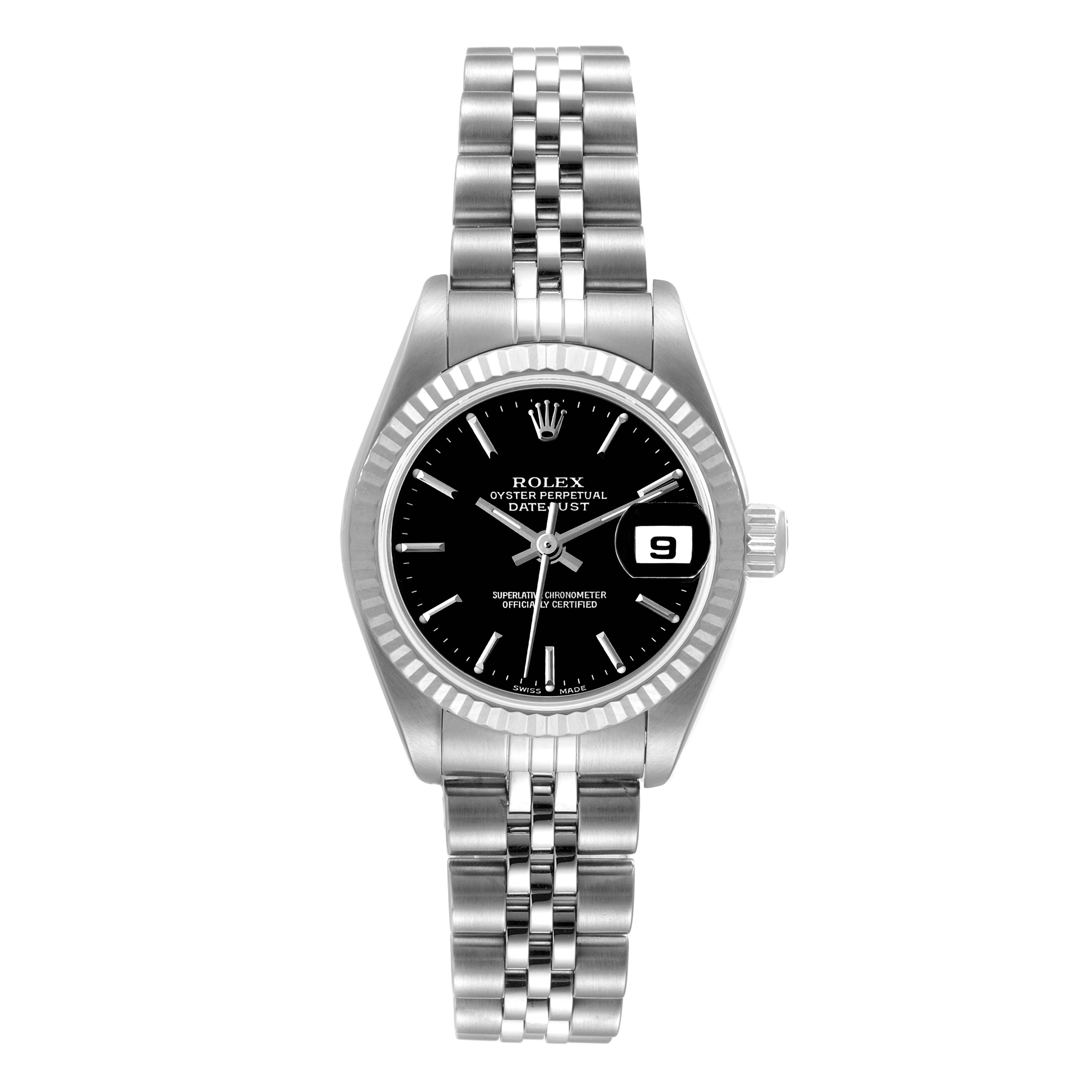 The Rolex Datejust 79174 Women's Stainless Steel Black Dial 79174 Women's Stainless Steel Black Dial watch is shown from the front, displaying the face, bezel, and bracelet.
