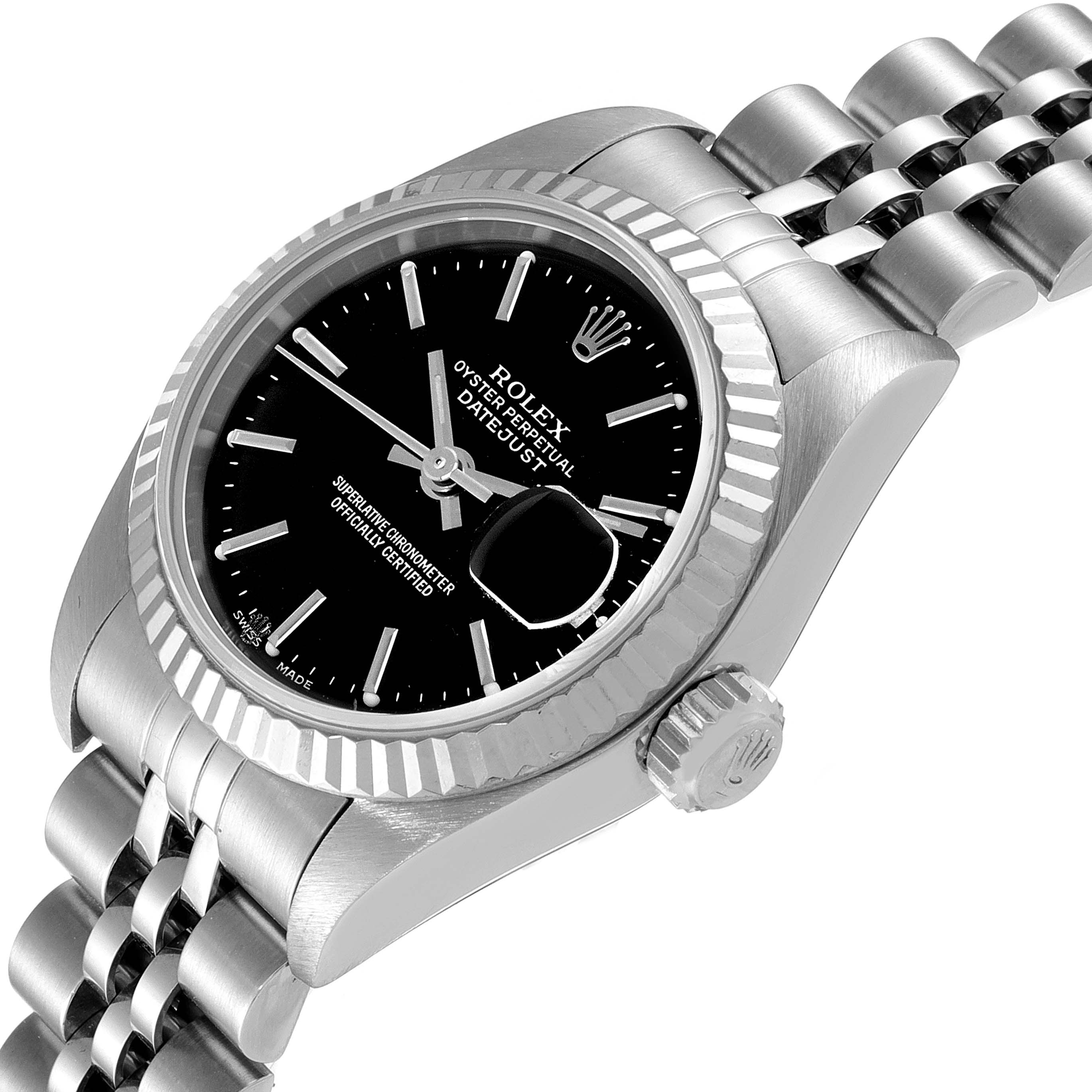This image shows a close-up angle of the Rolex Datejust 79174 Women's Stainless Steel Black Dial 79174 Women's Stainless Steel Black Dial watch, featuring the dial, crown, and part of the bracelet.